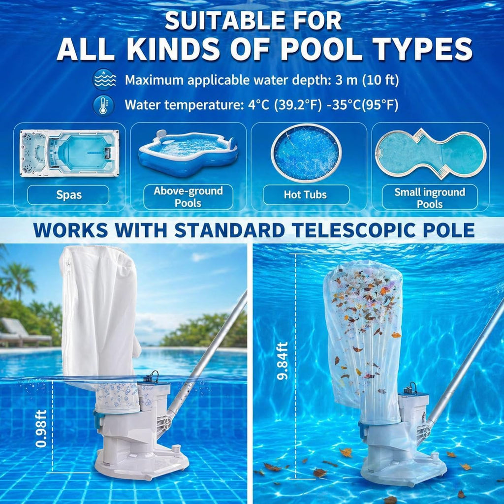 2026 New Upgrade Cordless Pool Leaf Vacuum Cleaner with Dual Filter Bags for Above & Inground Pools, Heavy Duty Pool Vacuum with Aluminum Tubes, 48 GPM Strong Suction for Leaves & Debris Removal