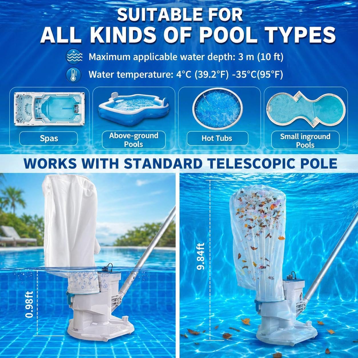 2026 New Upgrade Cordless Pool Leaf Vacuum Cleaner with Dual Filter Bags for Above & Inground Pools, Heavy Duty Pool Vacuum with Aluminum Tubes, 48 GPM Strong Suction for Leaves & Debris Removal