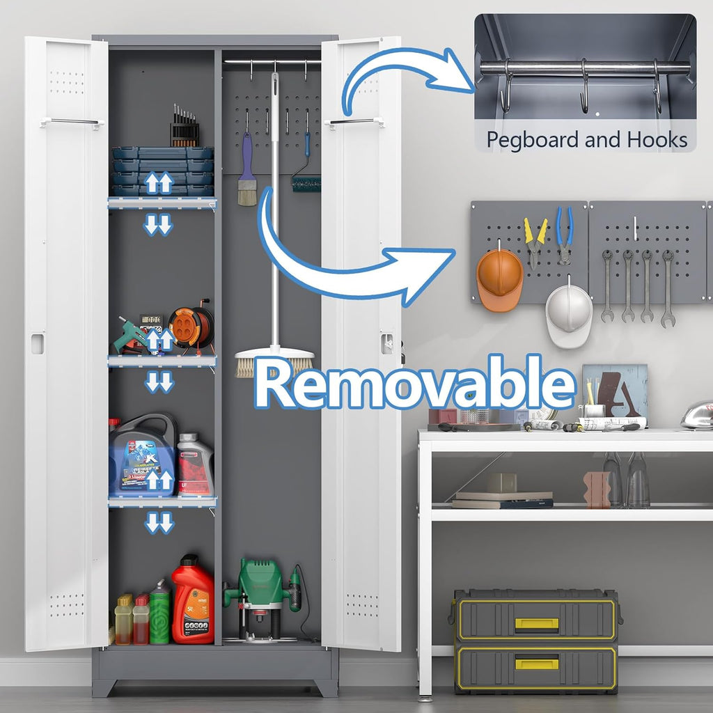 Metal Storage Cabinet with Lockable Doors, 65' Steel Utility Cabinet for Garage & Home Office, Tall Broom Closet with Adjustable Shelves, Vents & Cable Hole for Tools, White/Grey