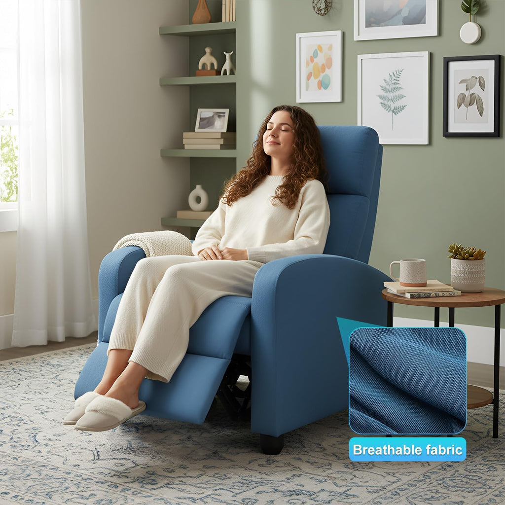 BestMassage | Recliner Chair | No Massage Function | Textile Blue | with Lumbar Support, Adjustable Push Back, Wide Armrests, Footrest & Padded Seat | Easy Assembly | for Living Room, Home Theatre