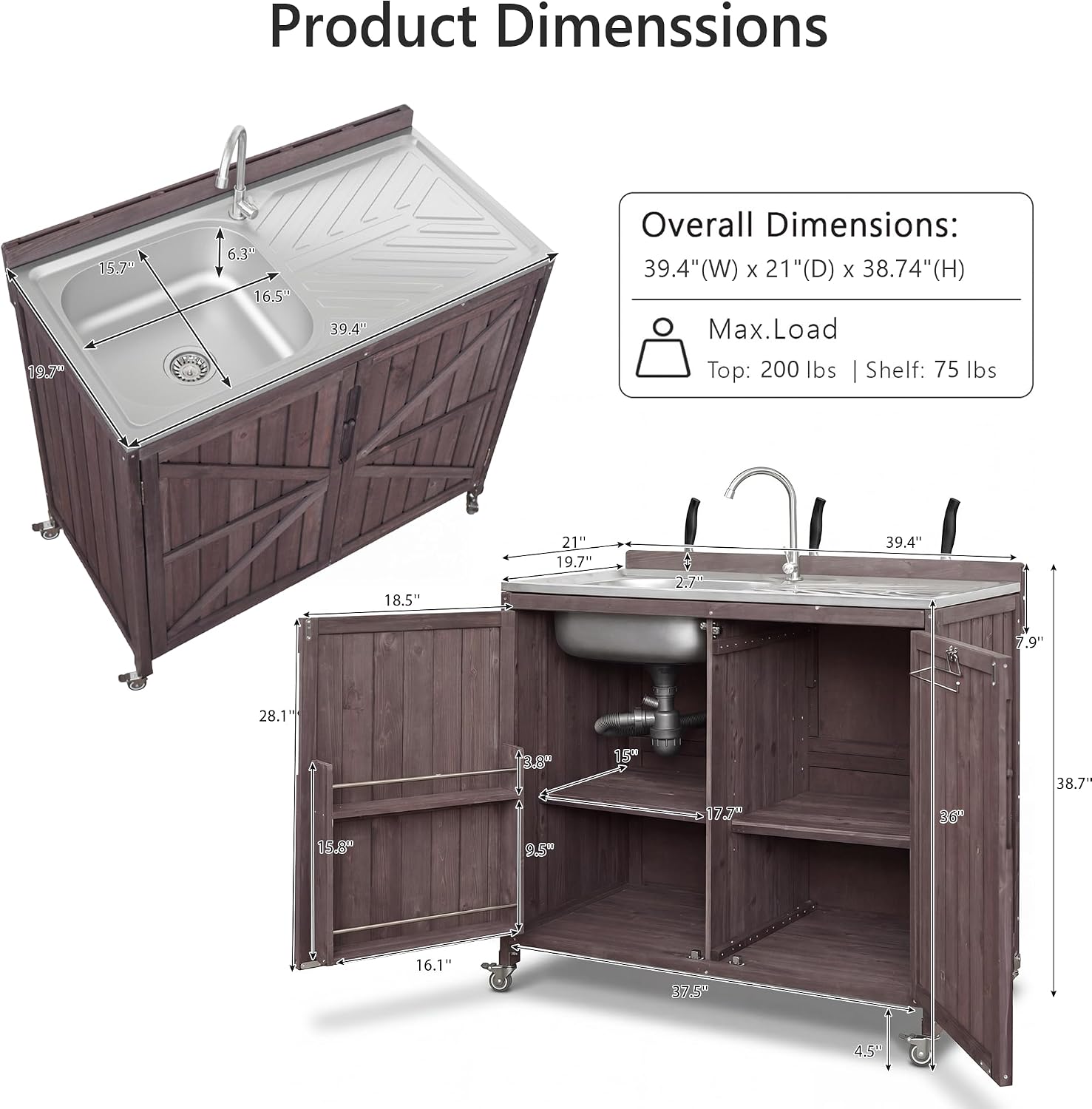 LUMISOL Outdoor Kitchen Island with Stainless Steel Top, Farmhouse Outdoor Grill Table with Sink, Hose Hook Up & Faucet, 39.4' Rolling Kitchen Cart with Back Splash & 4 Wheel, Dark Brown