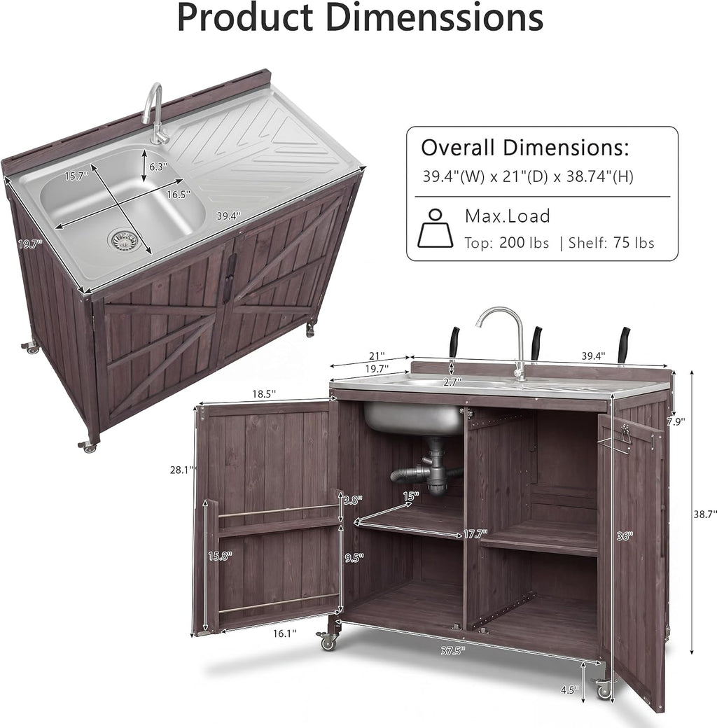 LUMISOL Outdoor Grill Cart Set with Stainless Steel Station, 2 Piece Outdoor Kitchen Island Set with Faucet, Drawer, 2 Door Shelves, Outdoor Storage Cabinet with Storage Racks & Wheels, Dark Brown