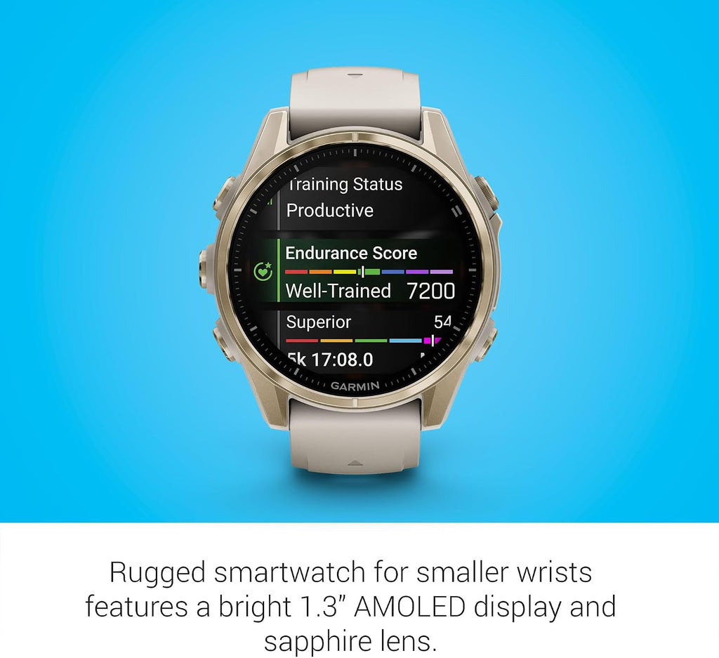 Garmin Fenix 8 Premium Multisport GPS Running Smartwatch, 43 mm | AMOLED, Dive-Rated, Built-in Flashlight | Soft Gold with Dark Sandstone Band with Signature Series Charging Stand
