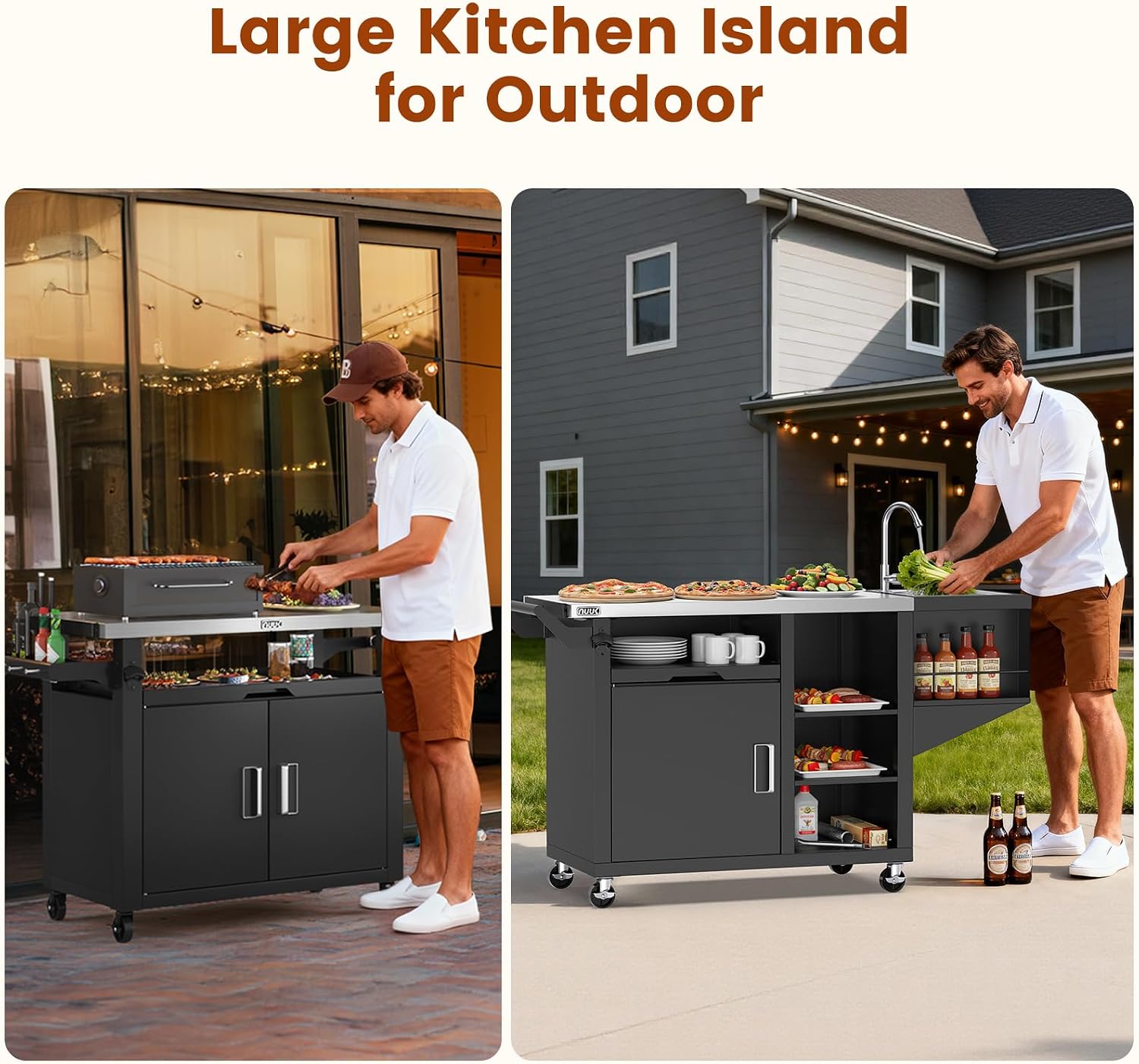 NUUK Outdoor Grill Cart on Wheel, Pizza Oven Table with Sink & Storage, 20'x42' Stainless Steel Prep Table Kitchen Island Cabinet for Backyard BBQ