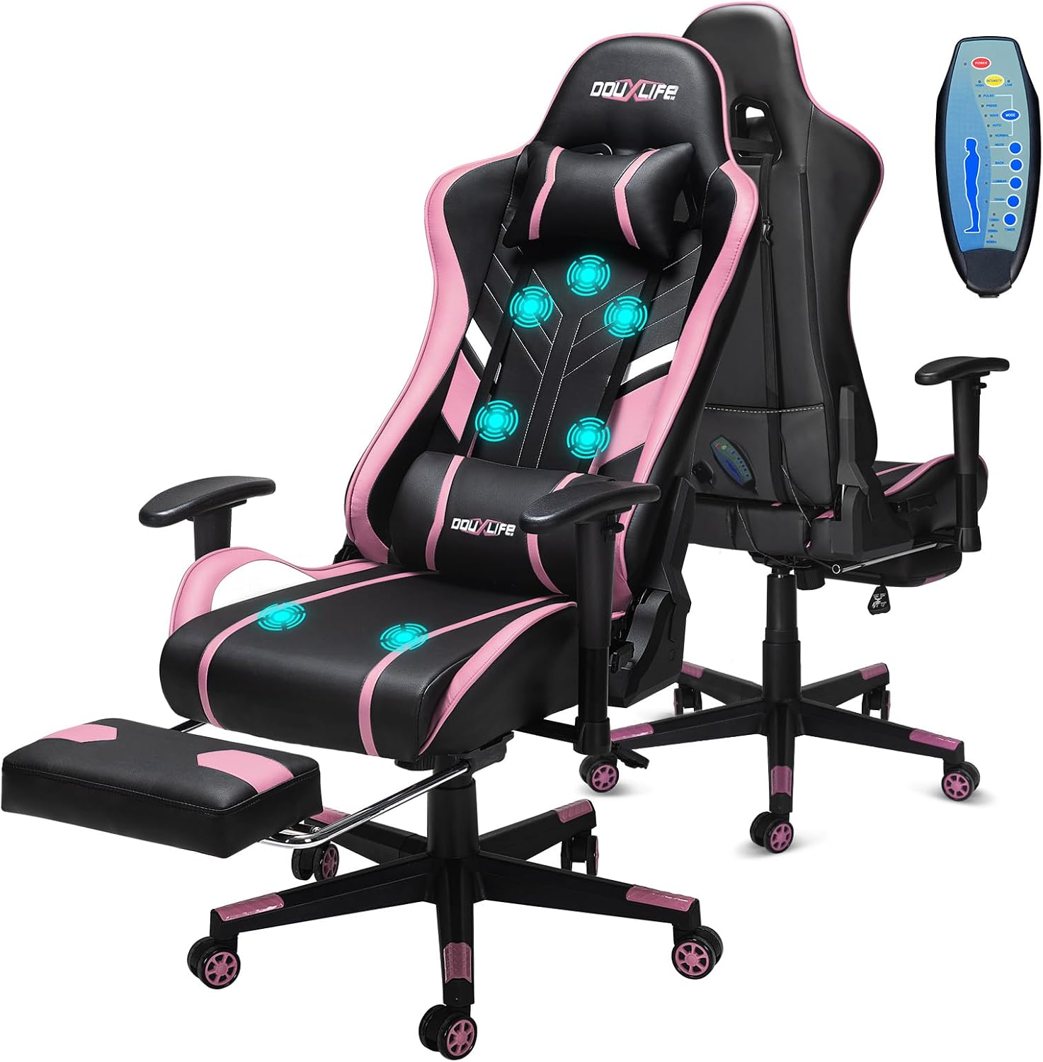 Douxlife 7-Point Massage Gaming Chair with Footrest, 400lbs Heavy Duty Ergonomic Computer Chair, 175° Reclining High Back Racing Seat for Adults with Adjustable Armrests & Lumbar Support, Black Pink