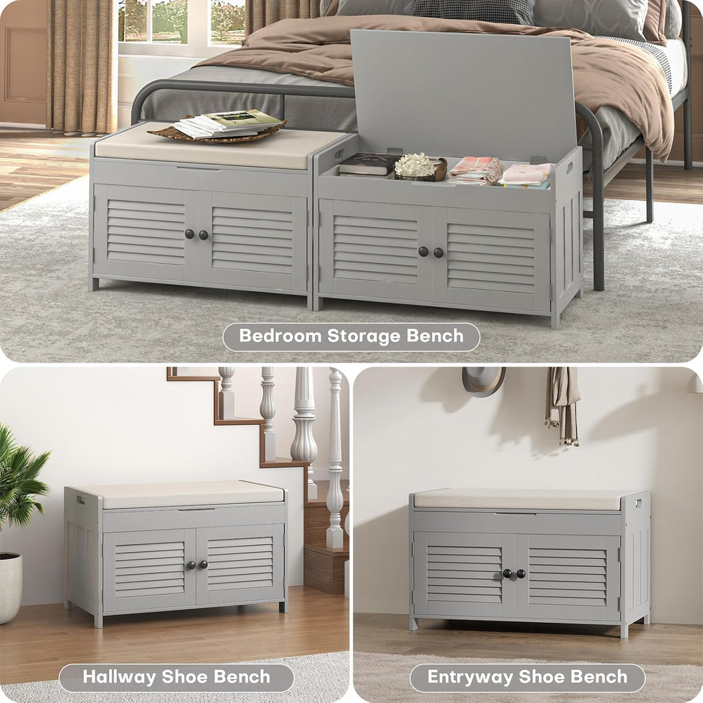 WARMHONIU Shoe Storage Bench with Lift Top Storage, Entryway Bench with Cushioned Seat, Adjustable Shelf, 2 Tier Shoe Rack with Doors for Entryway, Bedroom, Hallway, Mudroom, Grey