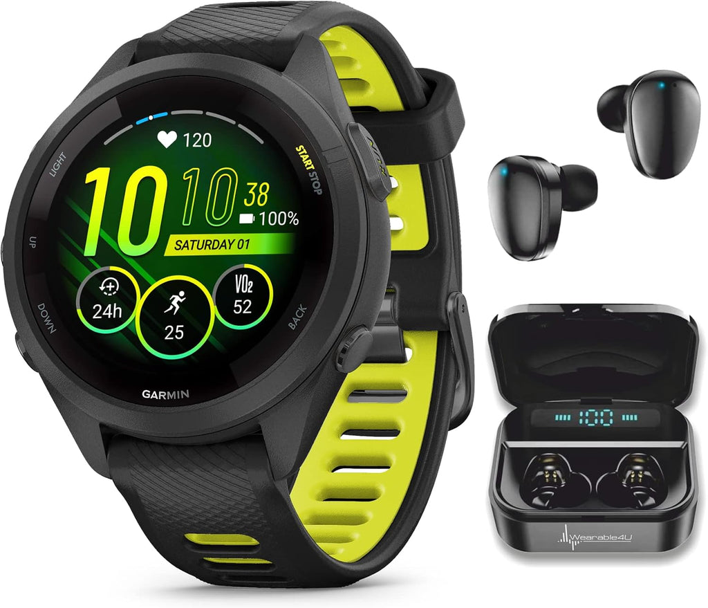 Garmin Forerunner 265S Music GPS Running 42 mm Smartwatch, Black with AMOLED 1.1in Touchscreen Display Black Earbuds Bundle, Black +Blk EarBuds
