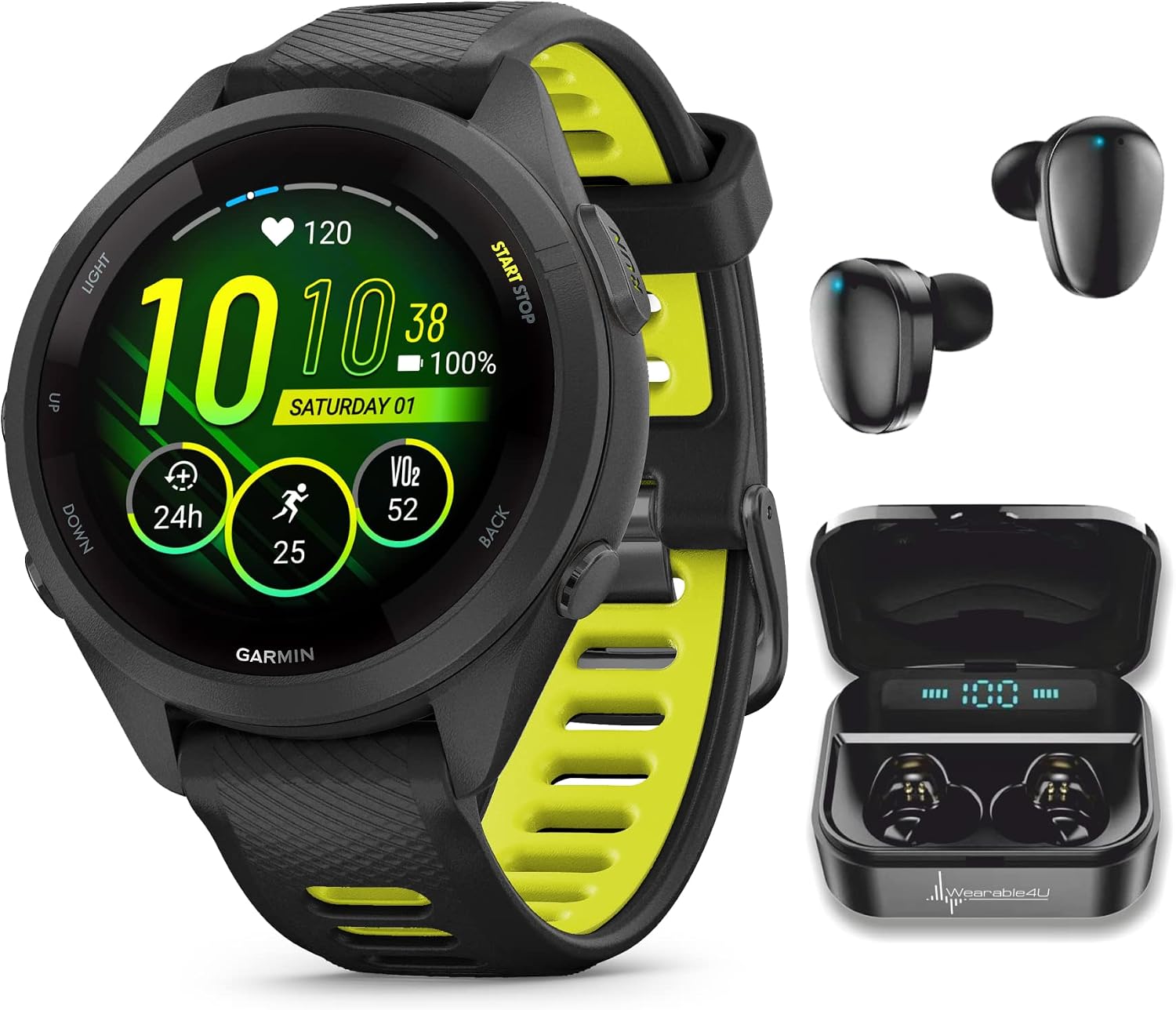 Garmin Forerunner 265S Music GPS Running 42 mm Smartwatch, Black with AMOLED 1.1in Touchscreen Display Black Earbuds Bundle, Black +Blk EarBuds