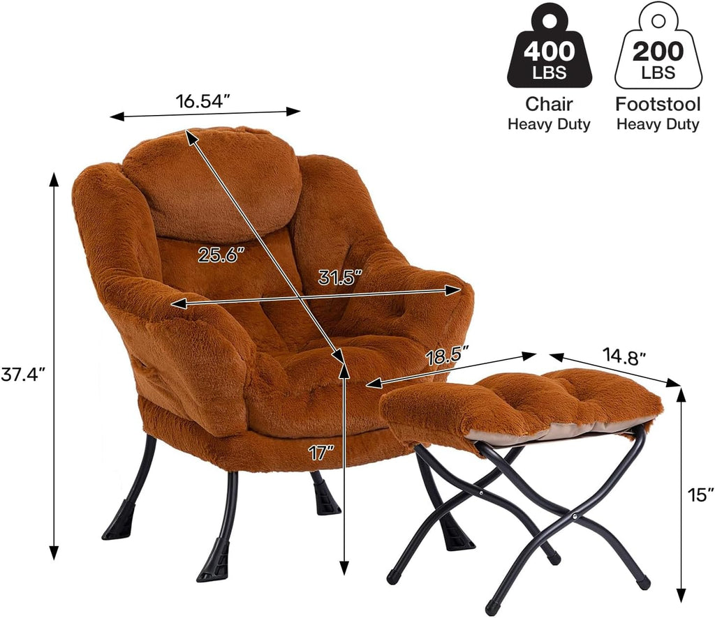 HollyHOME Lazy Chair with Foldable Ottoman, Accent Comfy Lounge Armchair and Folding Footrest Stool, Leisure Sofa Reading Chair and Footstool for Living Room, Bedroom,Faux Fur Brown