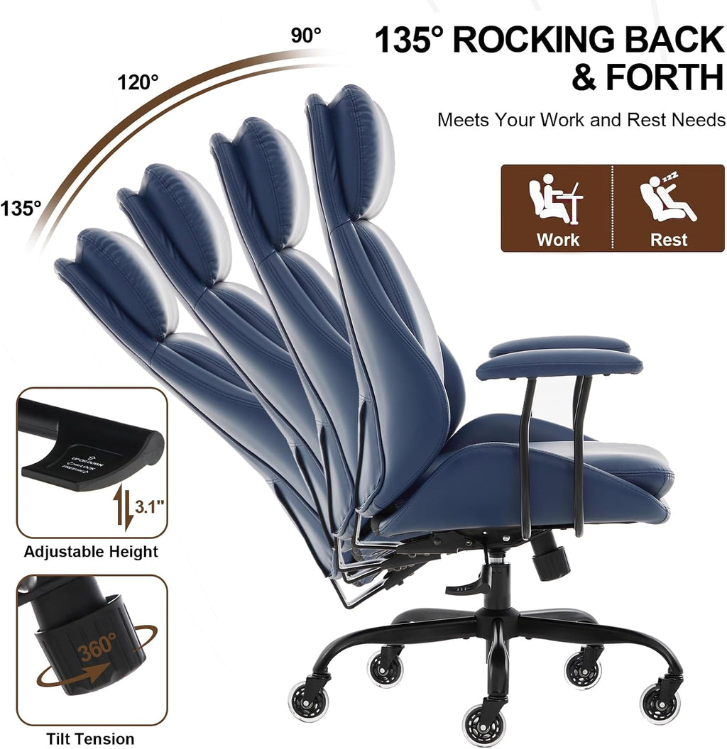 E-Motie Office Chair, Leather Desk Chair with Rubber Wheels, Ergonomic Computer Chair 500 LBS with Lumbar Support, High Back Executive Chair for Modern Home Office, Blue