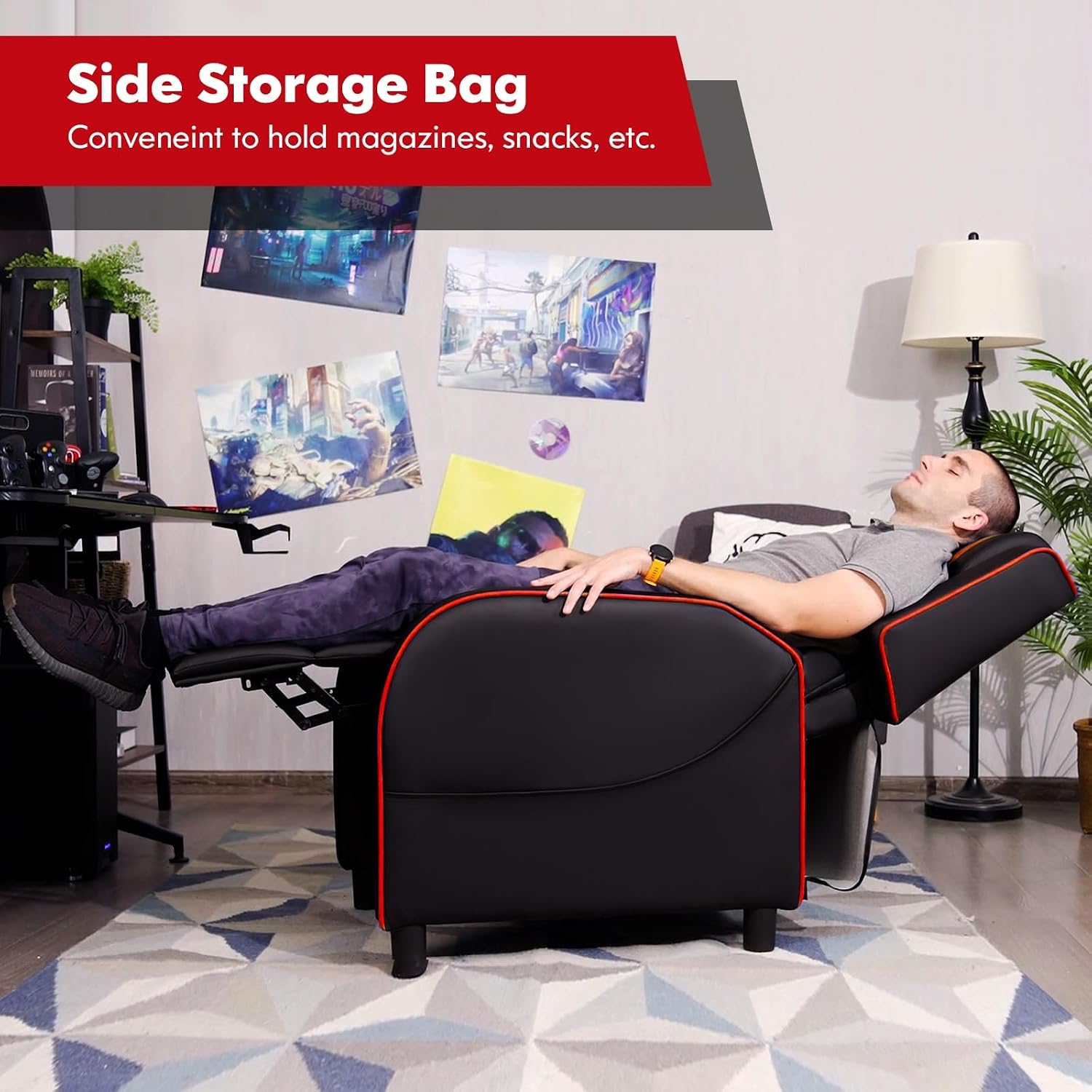 GYMAX Gaming Recliner, Massage Gaming Chair with Adjustable Footrest, Remote Control & Side Pocket, Ergonomic Game Lounge Chair, Racing Style Single Theater Seat Game Sofa for Adults (Red)