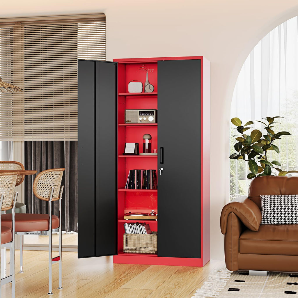 Fesbos Metal Storage Cabinet-71' Tall Steel File Cabinets with Lockable Doors and Adjustable Shelves-Black&Red Steel Storage Cabinet for Home, School, Office, Garage