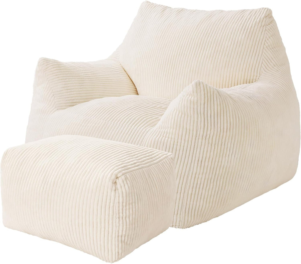 Big Bean Bag Chair for Adults, Ultra Soft Living Room Bean Bag with Armrests & Ottoman, Stuffed BeanBag Chair for Napping, Gaming, Vacuum-Compressed for Easy Gifting, 48h to Expand Beige