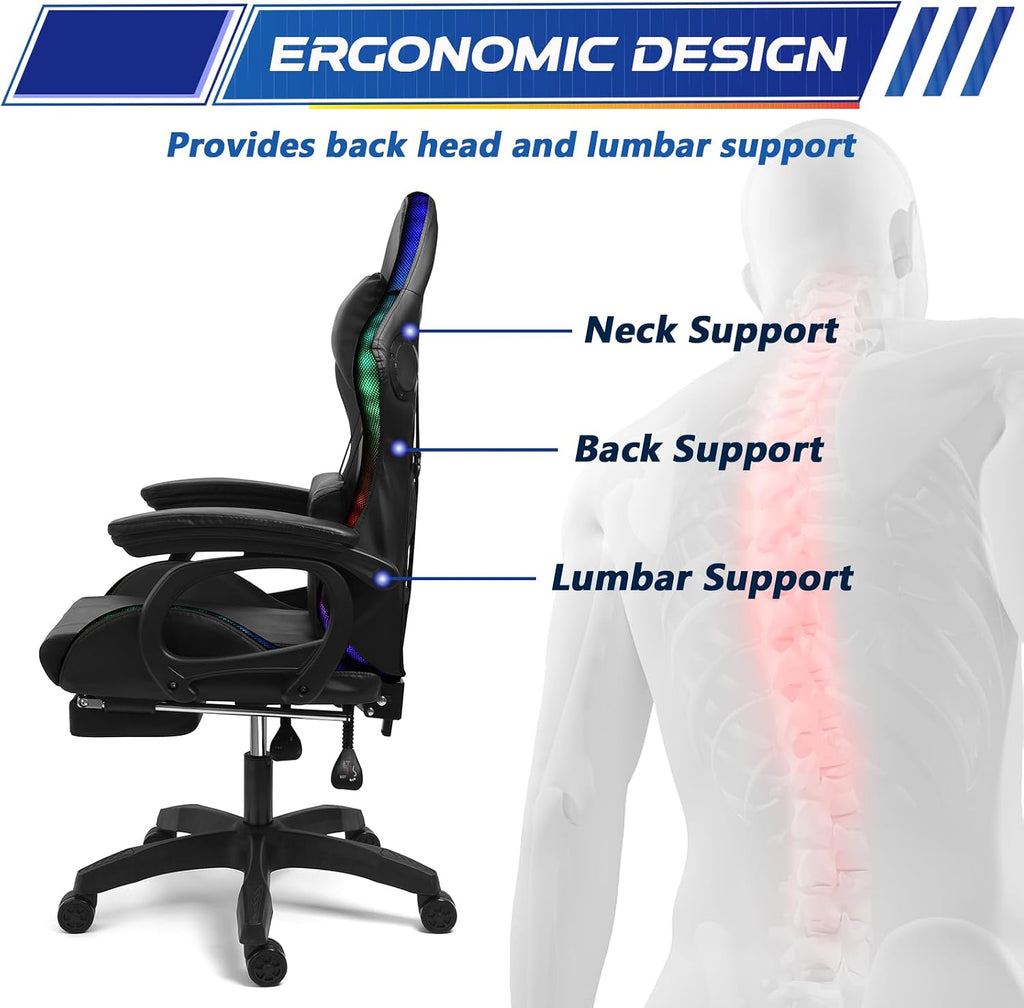 RGB Gaming Chair with Massage and Footrest Large Ergonomic Computer Desk Chair Video Gaming Chair with Speakers and Lumbar Support Height & Angles Adjustable Reclining Gamer Chair,Red