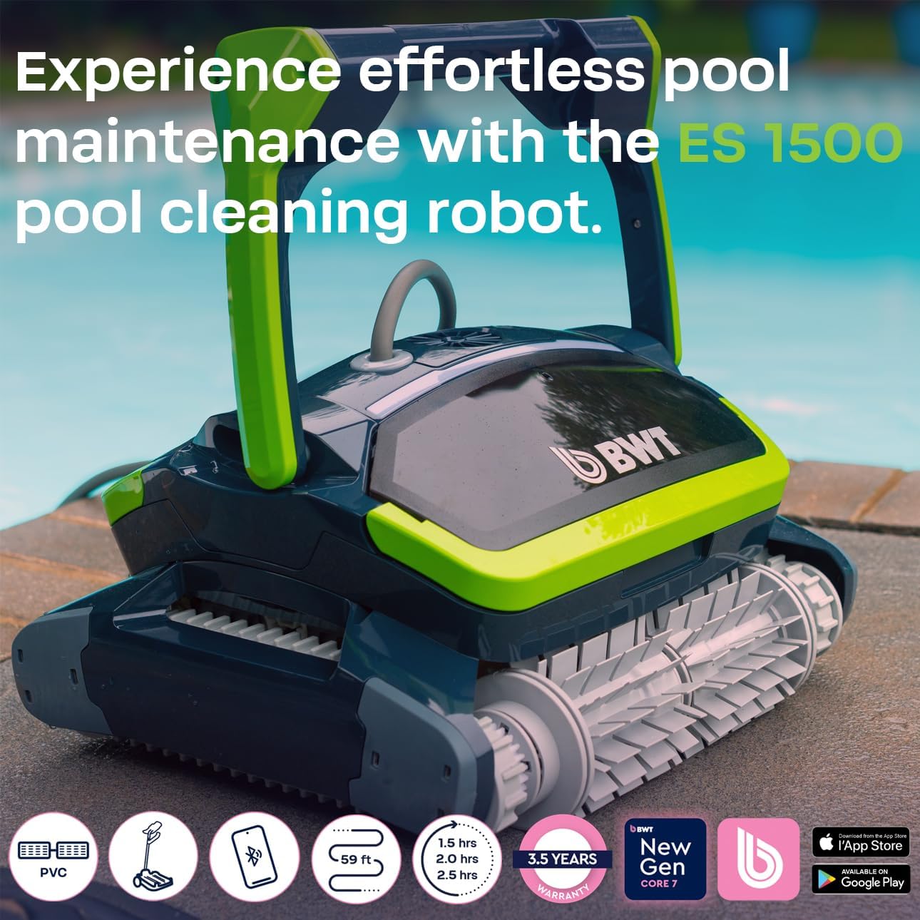 BWT ES1500 Robotic Pool Cleaner for In-Ground Pools, Cleans Floor, Walls & Waterline, App Control, 3 Cleaning Cycles (1.5–2.5 hrs), Powerful 5,000 GPH Suction, 59ft Cable