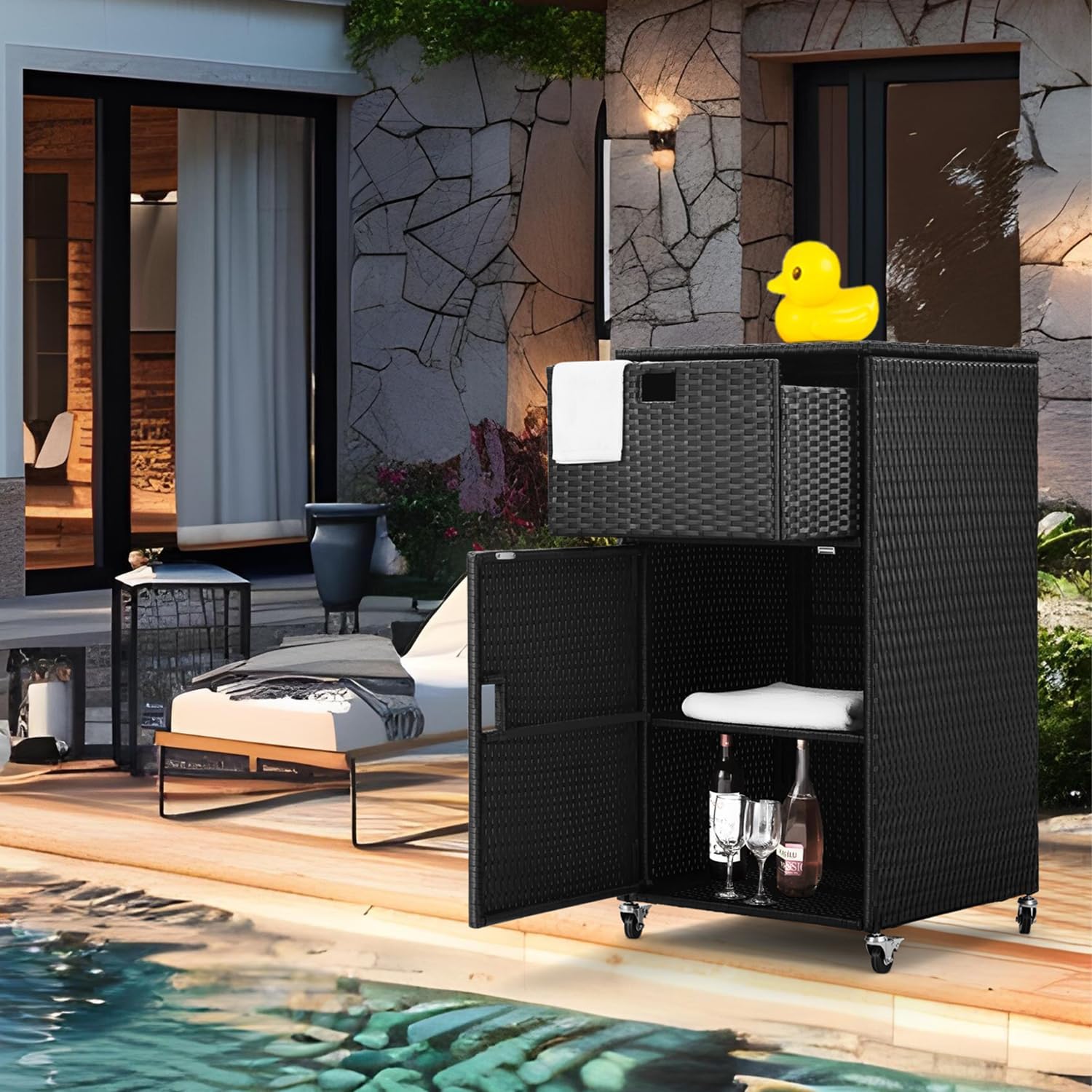 Outdoor Pool Towel Storage Cabinet Outdoor Towel Rack for Pool with Shelf & Drawer Pool Towel Hoder with Rolling Wheels Hot Tub Towel Rack W/Waterproof Cover Poolside Towel Valet Caddy for Spa Black