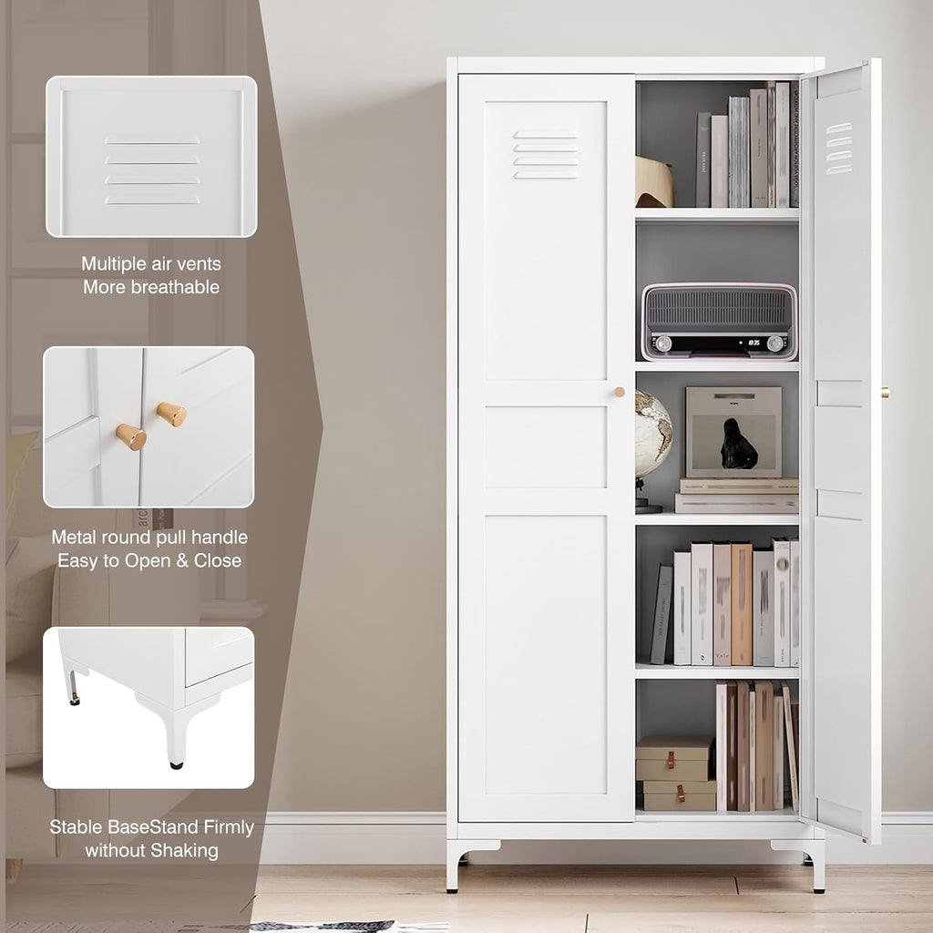 Yizosh Metal Storage Cabinet with 2 Doors and 4 Adjustable Shelves - 61' White Kitchen Pantry Storage 5-Tier Tall Steel Cabinets Locker for Kitchen, Living Room, Dining Room