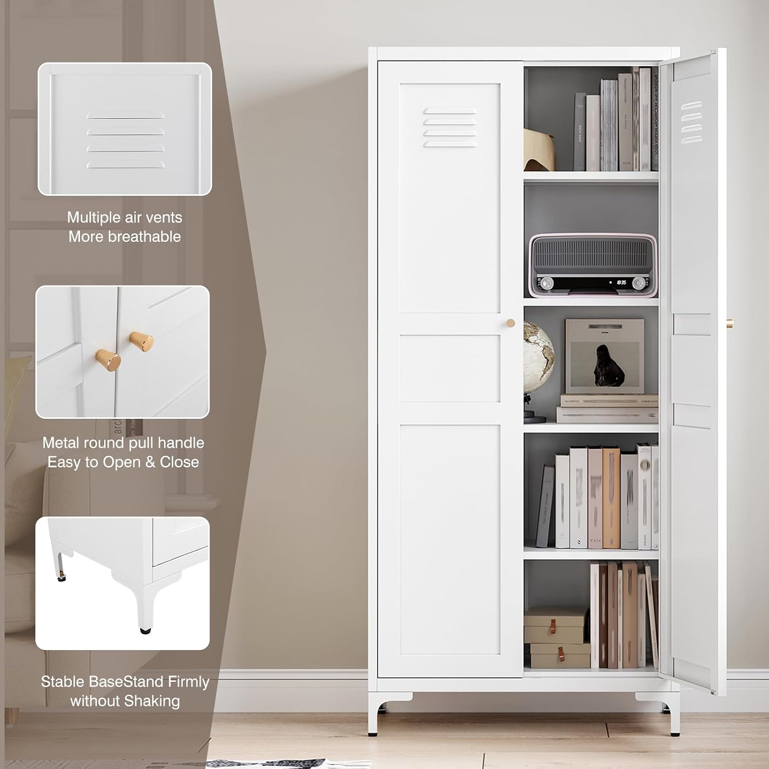 Yizosh Metal Storage Cabinet with 2 Doors and 4 Adjustable Shelves - 61' White Kitchen Pantry Storage 5-Tier Tall Steel Cabinets Locker for Kitchen, Living Room, Dining Room
