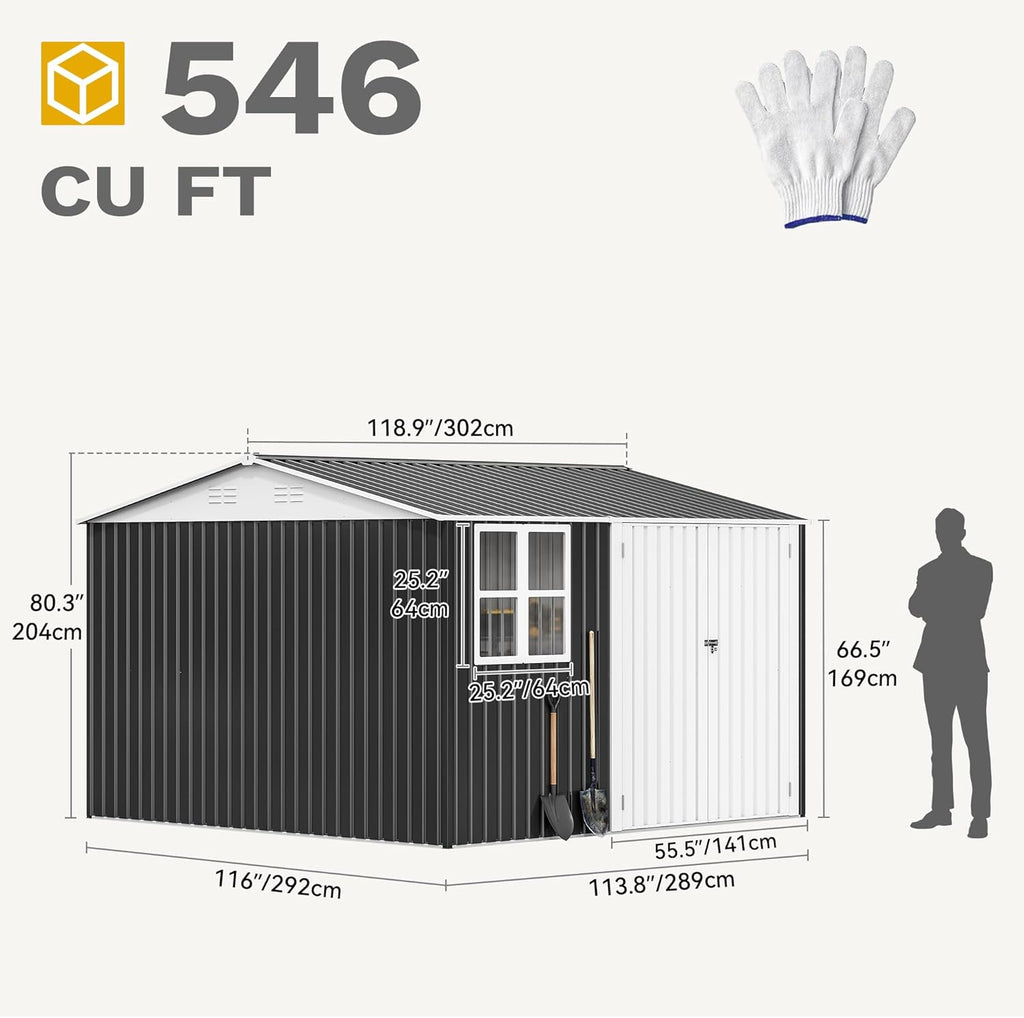 DWVO 10' x 10' Outdoor Storage Shed, Waterproof Metal Garden Shed with Windows, Lockable Doors, and Sloped Roof for Patio, Backyard, Lawn, Tool Storage, Bike Shed, Pet Shelter (Gray + White)