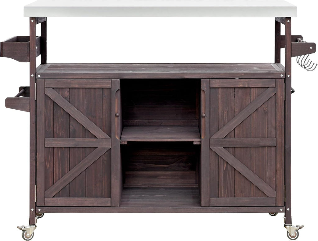 LUMISOL Outdoor Grill Cart with Stainless Steel Top, Farmhouse Rolling Bar Cart & Storage Cabinet with Spice & Towel Rack, Outdoor Solid Wood Kitchen Island with Internal Storage Rack, Dark Brown
