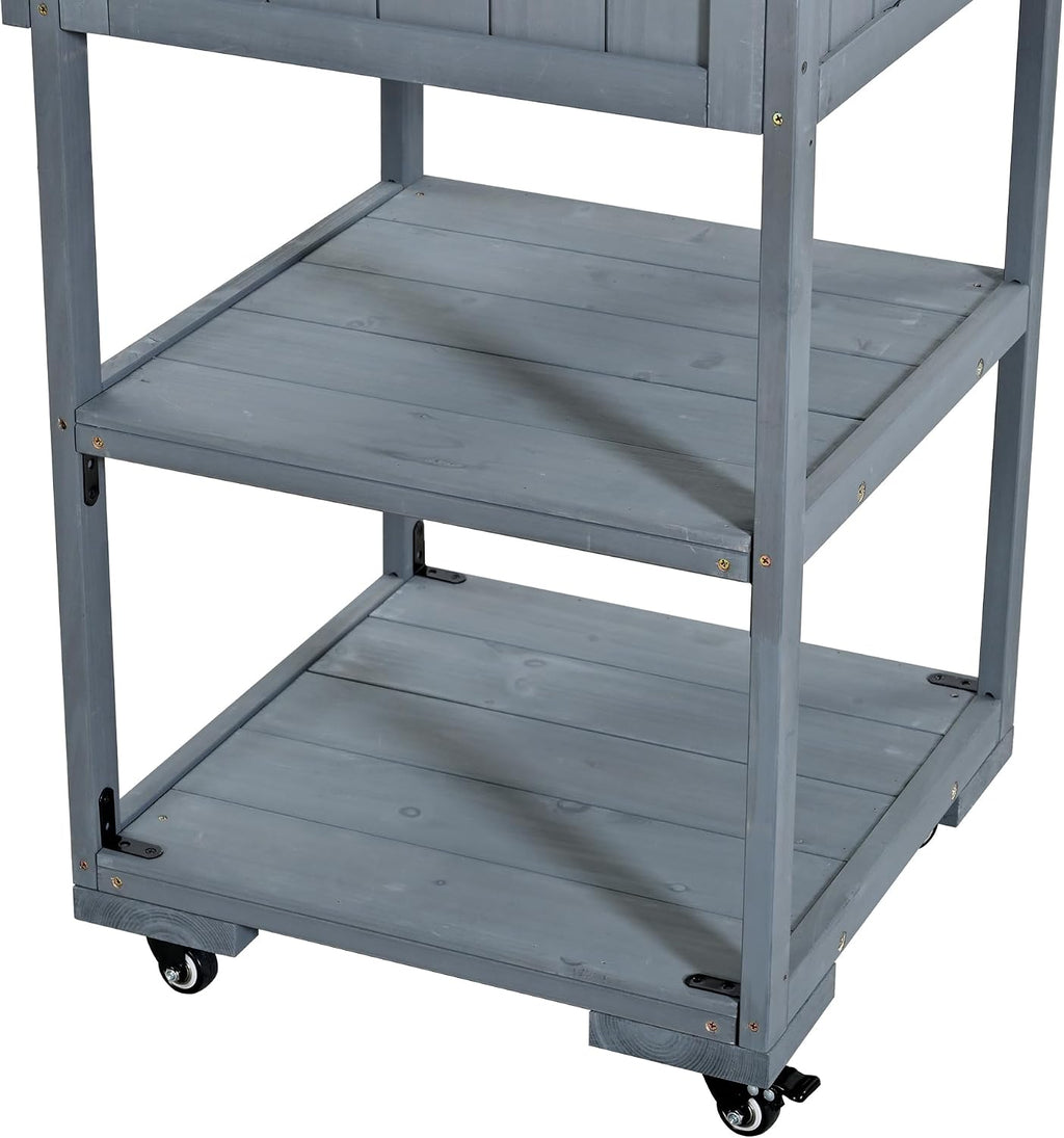 62.3'' Patio Kitchen Island, Solid Wood Kitchen Cart with Stainless Table Top, Garden Potting Bench with Raised Shelf and Drawers, Grill Prep Table for BBQ, Party (Gray-62.3'')