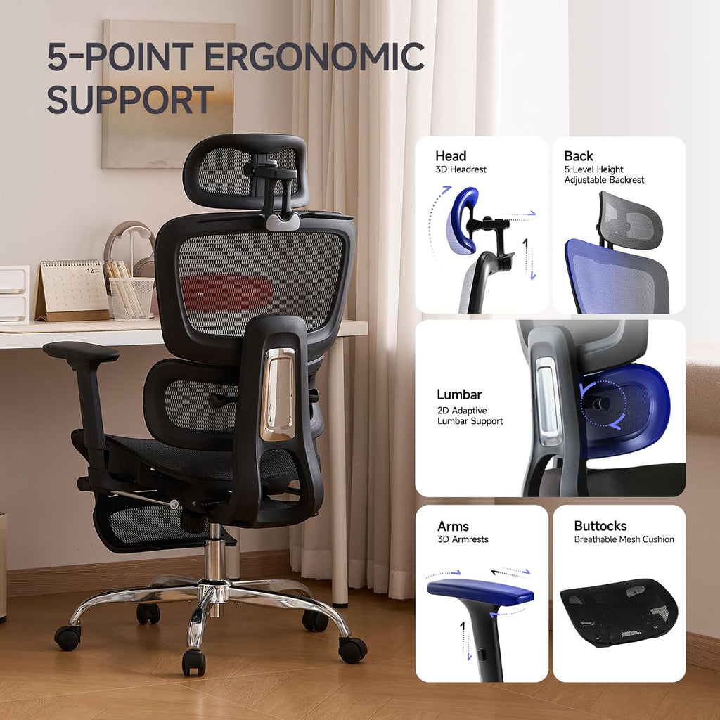 Office Chair with Footrest, Ergonomic Chair with 3D Headrest, Computer Chair with Adjustable Backrest & 3D Armrest, Gaming Chair with Adaptive Lumbar Support, Mesh Backrest & Cushion, Black