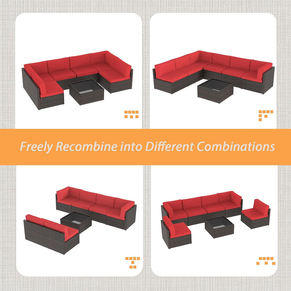 AECOJOY 7 Piece Outdoor Patio Furniture Set, Outdoor Sectional Conversation Furniture Chair with Coffee Table,Patio Sectional for Garden,Backyard(Red Cushions and Brown PE Rattan)