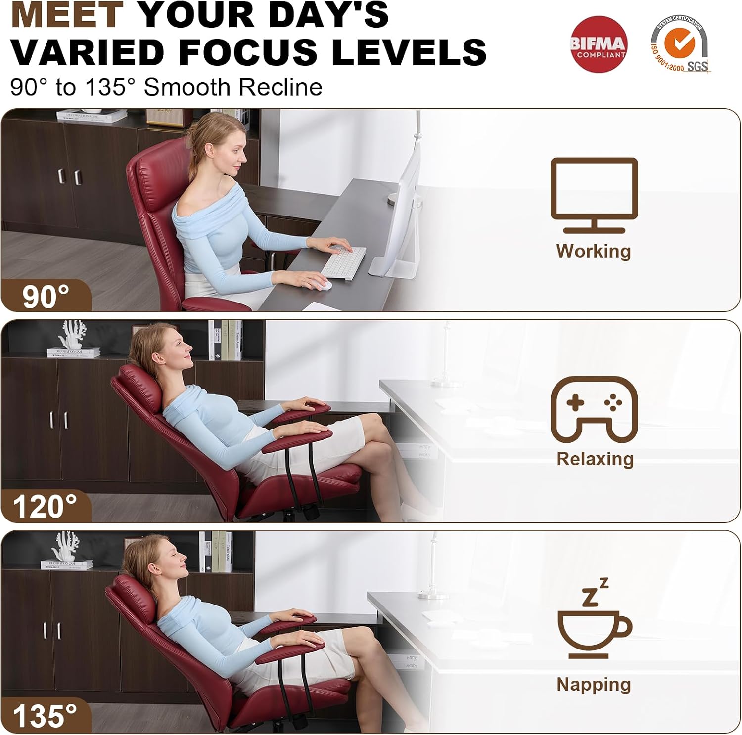 E-Motie Office Chair, Leather Desk Chair with Rubber Wheels, Ergonomic Computer Chair 500 LBS with Lumbar Support, High Back Executive Chair for Modern Home Office, Red