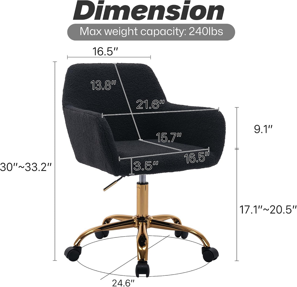 KCC Faux Fur Office Desk Chair, Comfy Swivel Armchair with Wheels, Upholstered Fuzzy Vanity Chair, Adjustable Seat Height, Black
