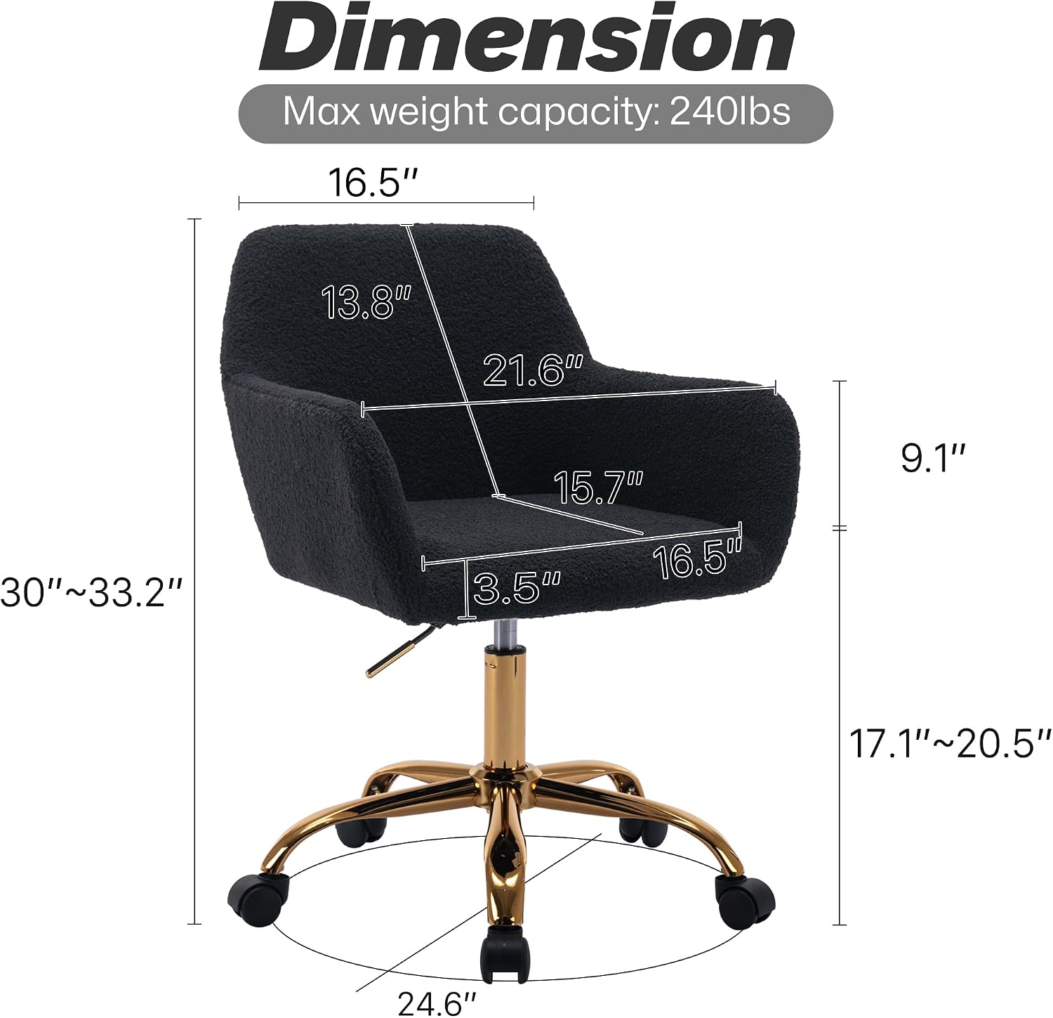 KCC Faux Fur Office Desk Chair, Comfy Swivel Armchair with Wheels, Upholstered Fuzzy Vanity Chair, Adjustable Seat Height, Black