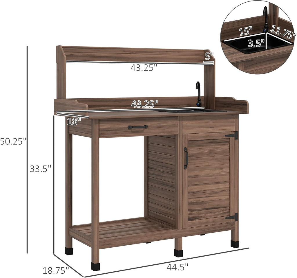 Outsunny Potting Bench Table with Removable Sink, Outdoor Work Bench Table with Storage Cabinet, Hooks, Faucet and Drawer for Greenhouse, Garden, Patio, Dark Brown