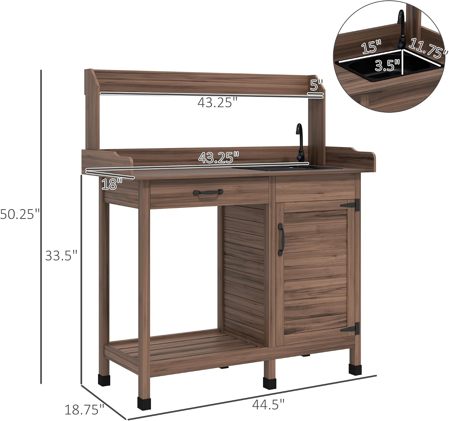 Outsunny Potting Bench Table with Removable Sink, Outdoor Work Bench Table with Storage Cabinet, Hooks, Faucet and Drawer for Greenhouse, Garden, Patio, Dark Brown