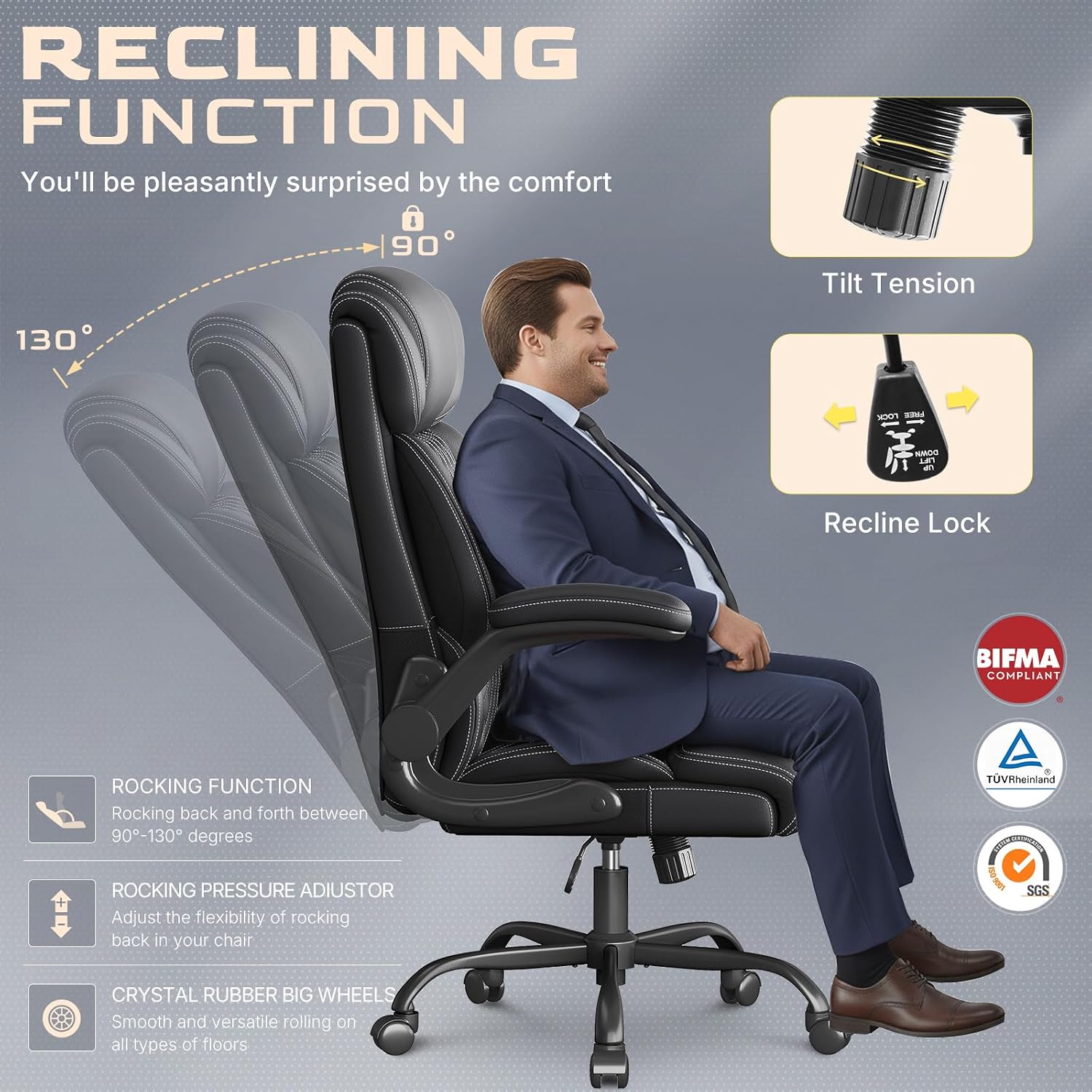 Office Chair-Executive High Back Breathable Big and Tall Office Chair Flip-up Armrests Lumbar Support-Ergonomic Leather Rolling Swivel Chair with Rock Function for Working Studying Gaming,Black
