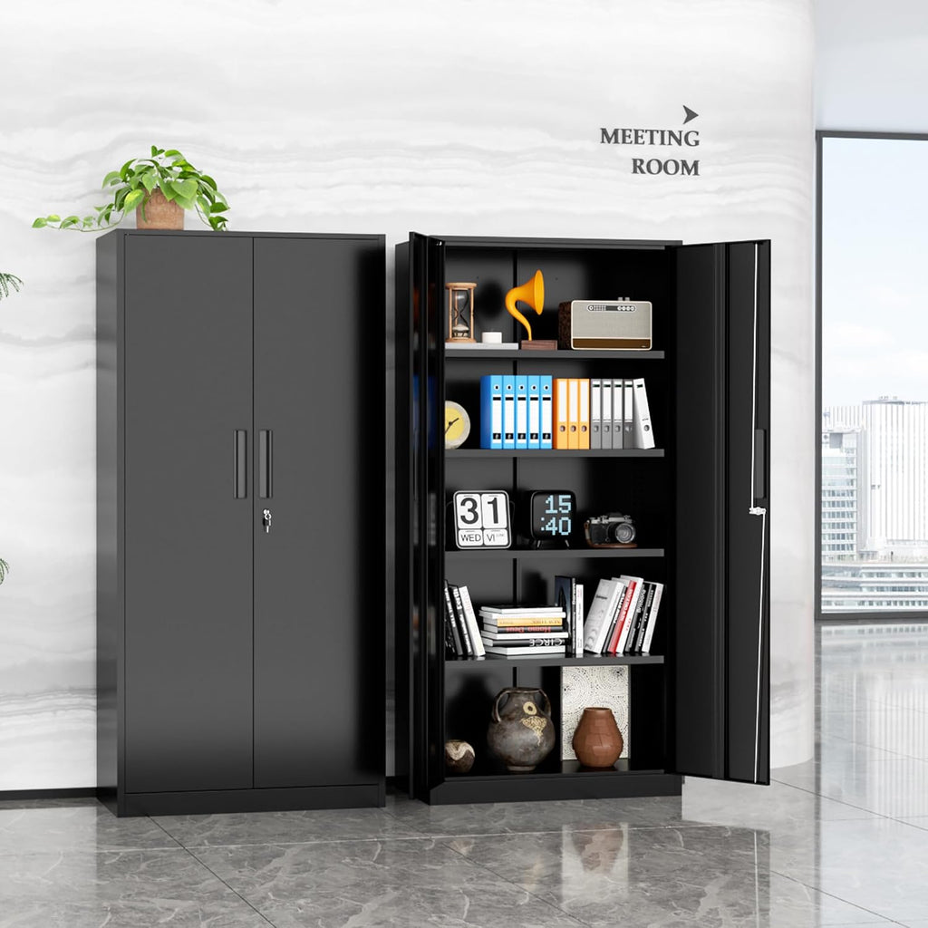 SUNCROWN 72' Metal Storage Cabinet - Heavy-Duty Metal Garage Cabinet with 4 Adjustable Shelves & 2 Doors for Tools, Office, Home, Workshop,Black-Small