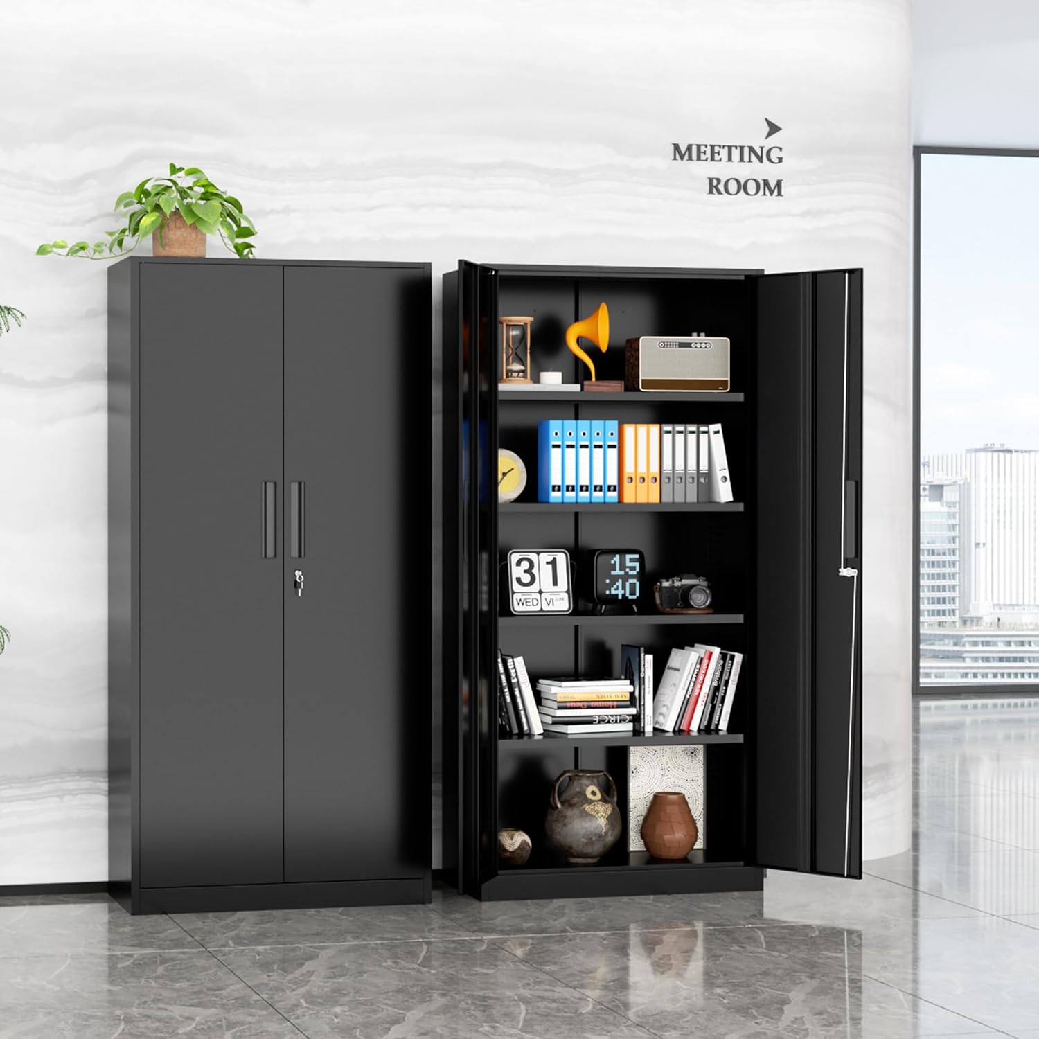 SUNCROWN 72' Metal Storage Cabinet - Heavy-Duty Metal Garage Cabinet with 4 Adjustable Shelves & 2 Doors for Tools, Office, Home, Workshop,Black-Small