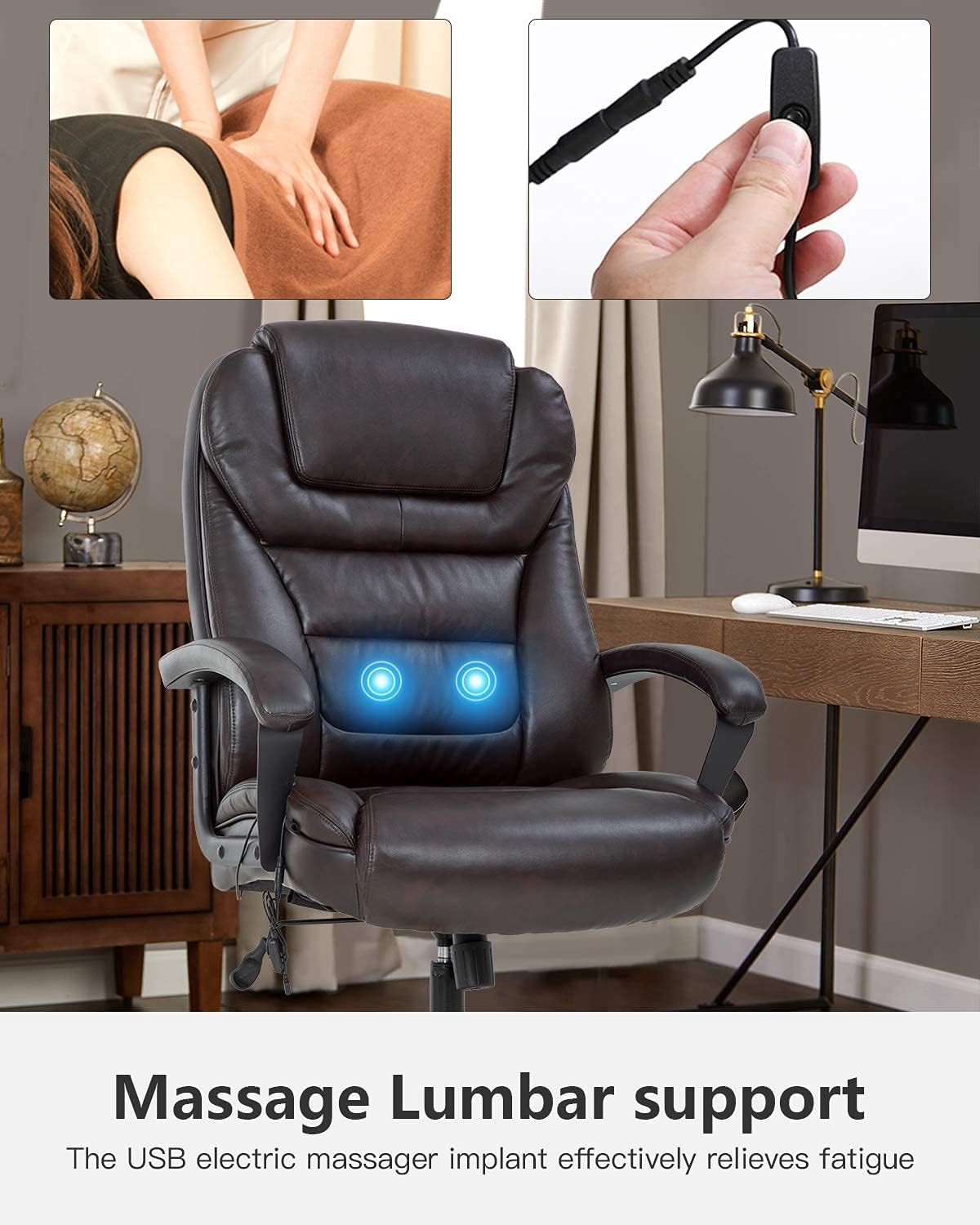 Big and Tall 500lbs Wide Seat Ergonomic Desk Chair with Lumbar Support Arms Headrest Massage Office Chair Rolling Swivel PU Leather Task Computer Chair for Adults(Brown)