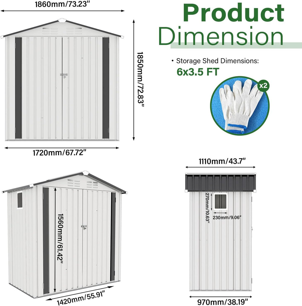 6X3.5FT Metal Storage Shed,Tool Shed with Peaked Roof, Outdoor Storage Shed with Clear Window and Lockable Door, Garden Shed for Garden, Backyard,Patio,Sundries, White (6X3.5FT)