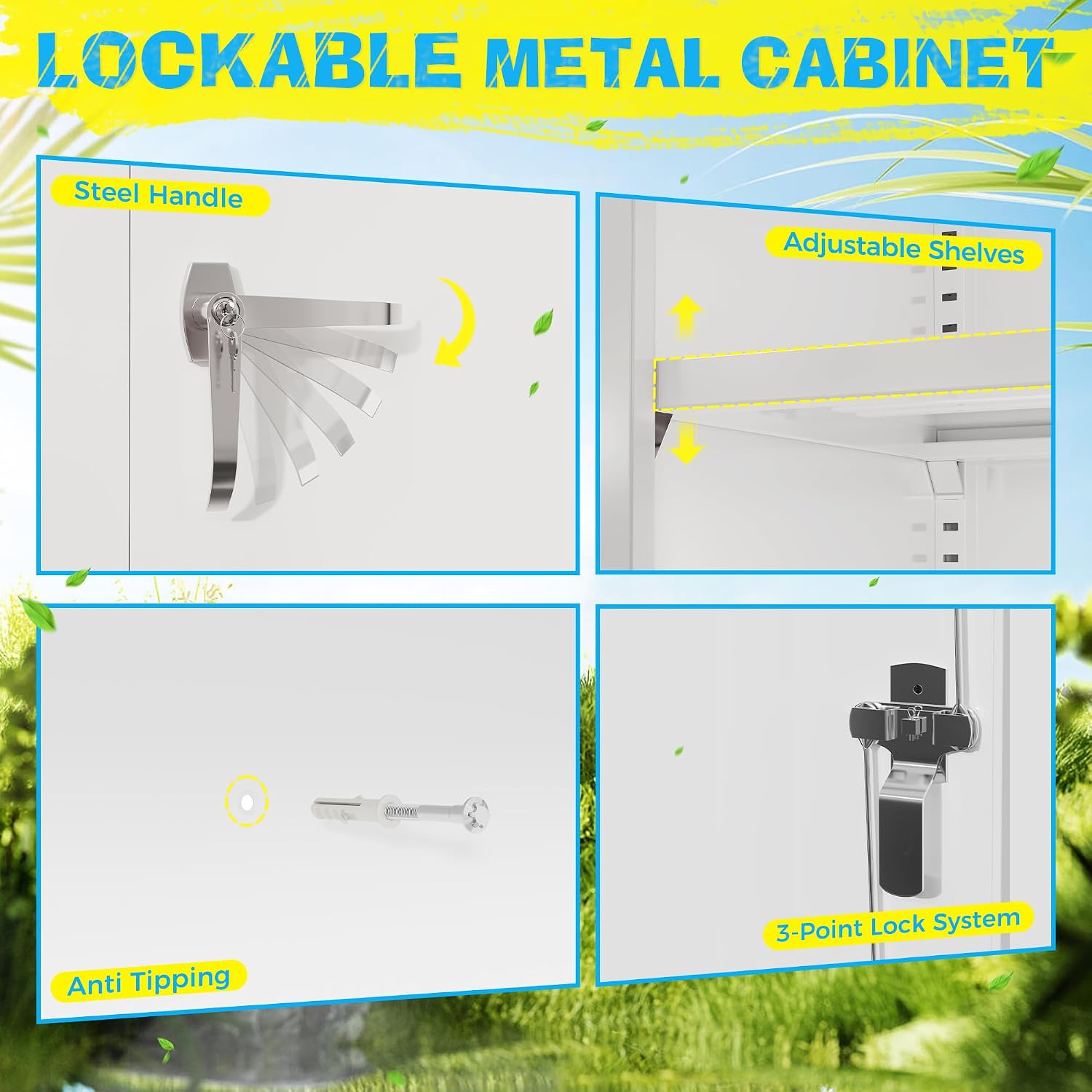 Pataku Metal Storage Cabinet, Garage Cabinet with Doors and Shelves Lockable Steel Multifunctional Cabinets, White File Cabinets for Home, Office, Garage, Warehouse