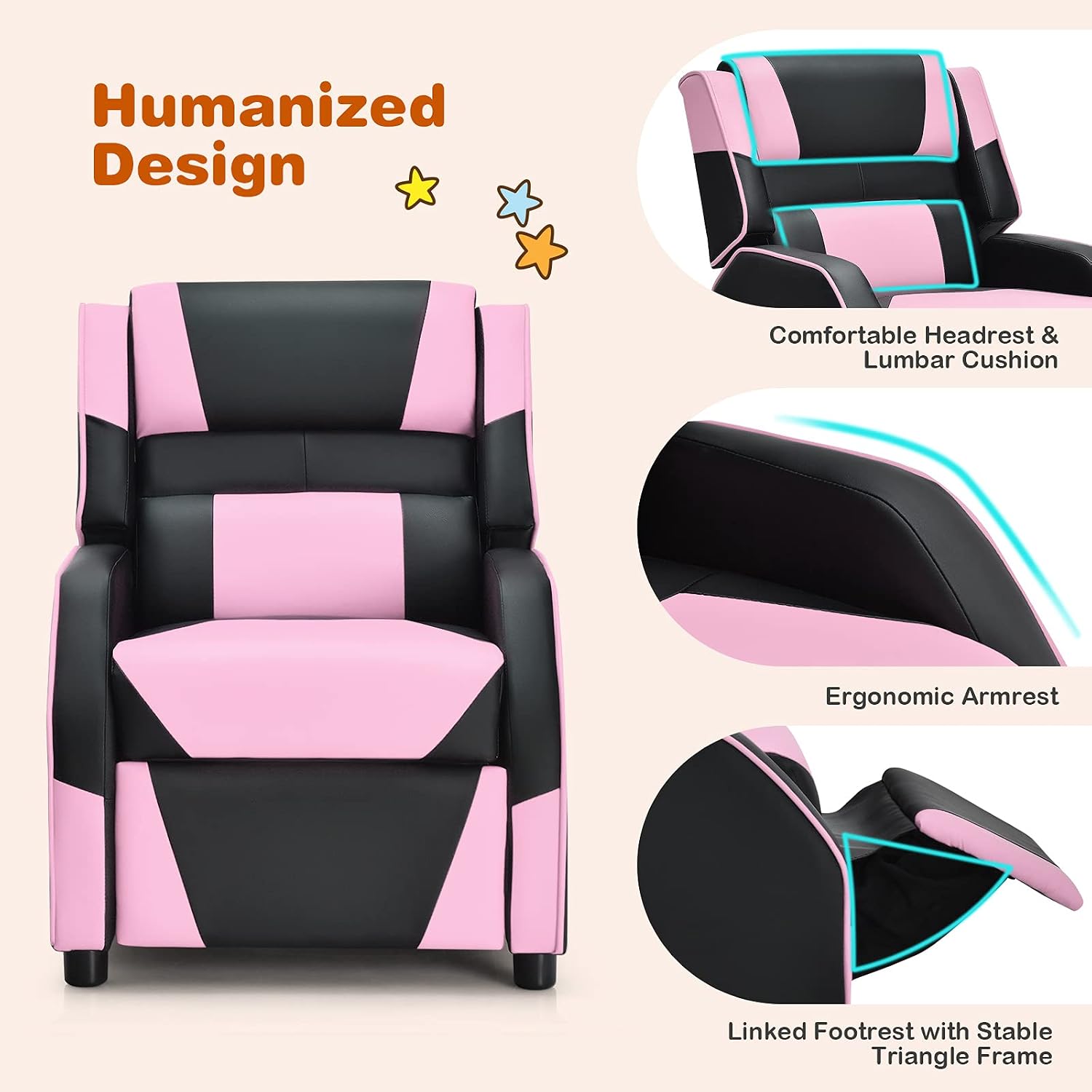 ARLIME Kids Recliner, PU Leather Kid Lounge Chair w/Footrest, Armrest, Headrest & Lumbar Support, Adjustable Gaming Toddler Sofa Armchair for Boys Girls (Pink)