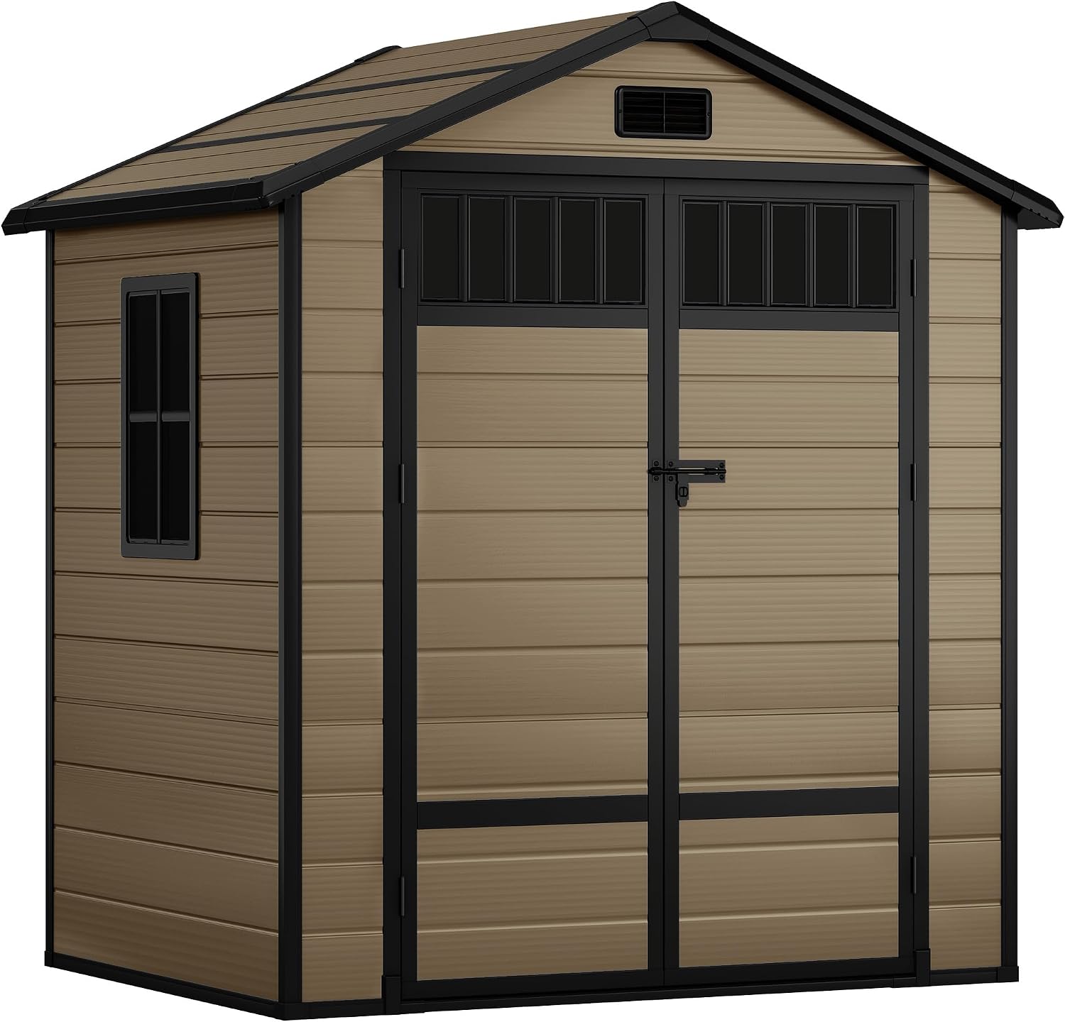 DWVO 6x4.4 FT Resin Storage Shed with Fence-Style and Side Windows, Lockable Door, and Vents for Garden, Backyard, Patio, Lawn, Brown