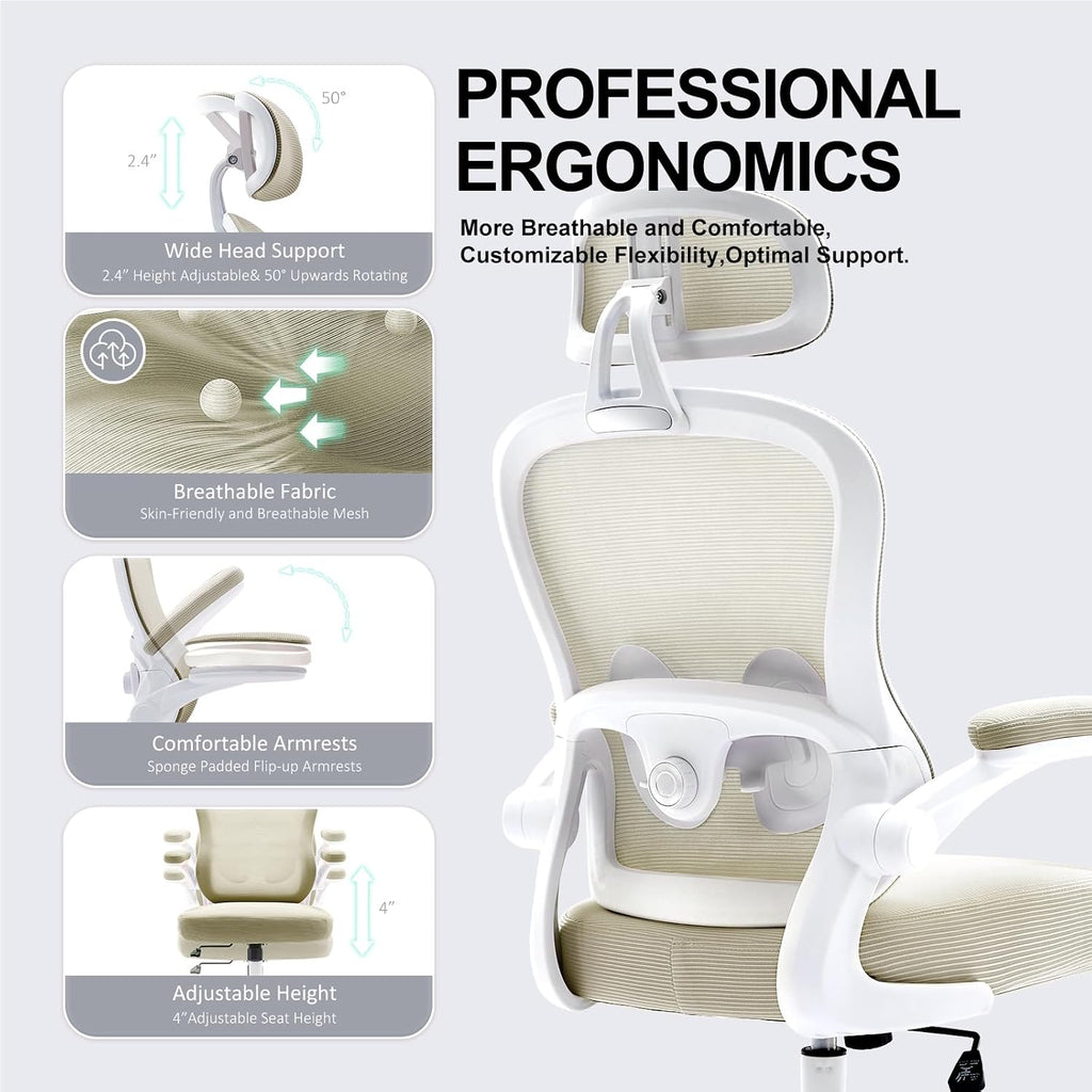 Ergonomic Office Chair,Ultra Thick Office Desk Chair with Adjustable Lumbar Support and Headrest,Spring Cushion,Rocking Function,Flip-up arms,Mesh Computer Chair for Home Office,Khaki