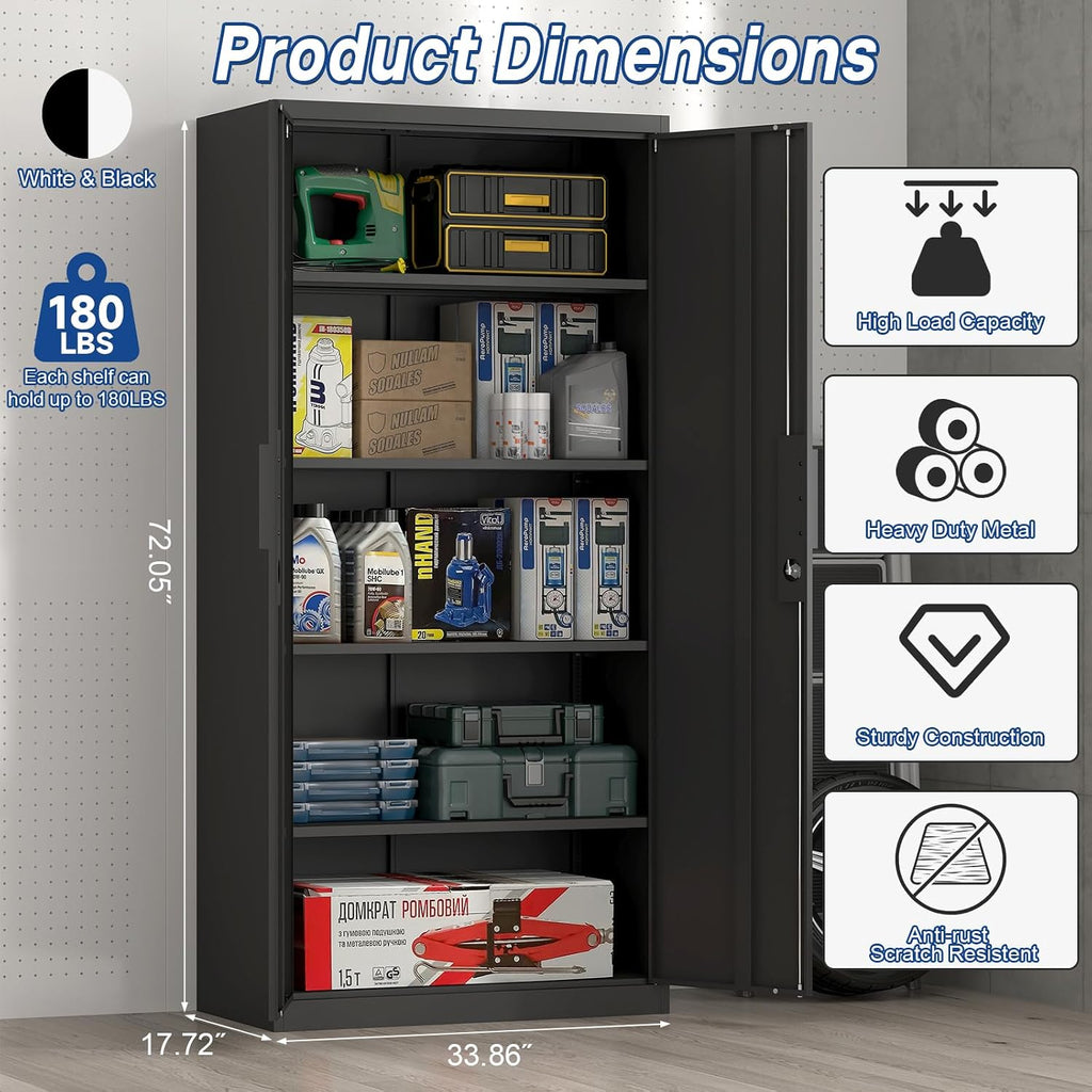 Metal Storage Cabinet with Doors and 4 Shelves, 72x34x18 Garage Storage Cabinets,Tall Black Locking Metal Cabinets with Lock for File, Office, Garage, Home