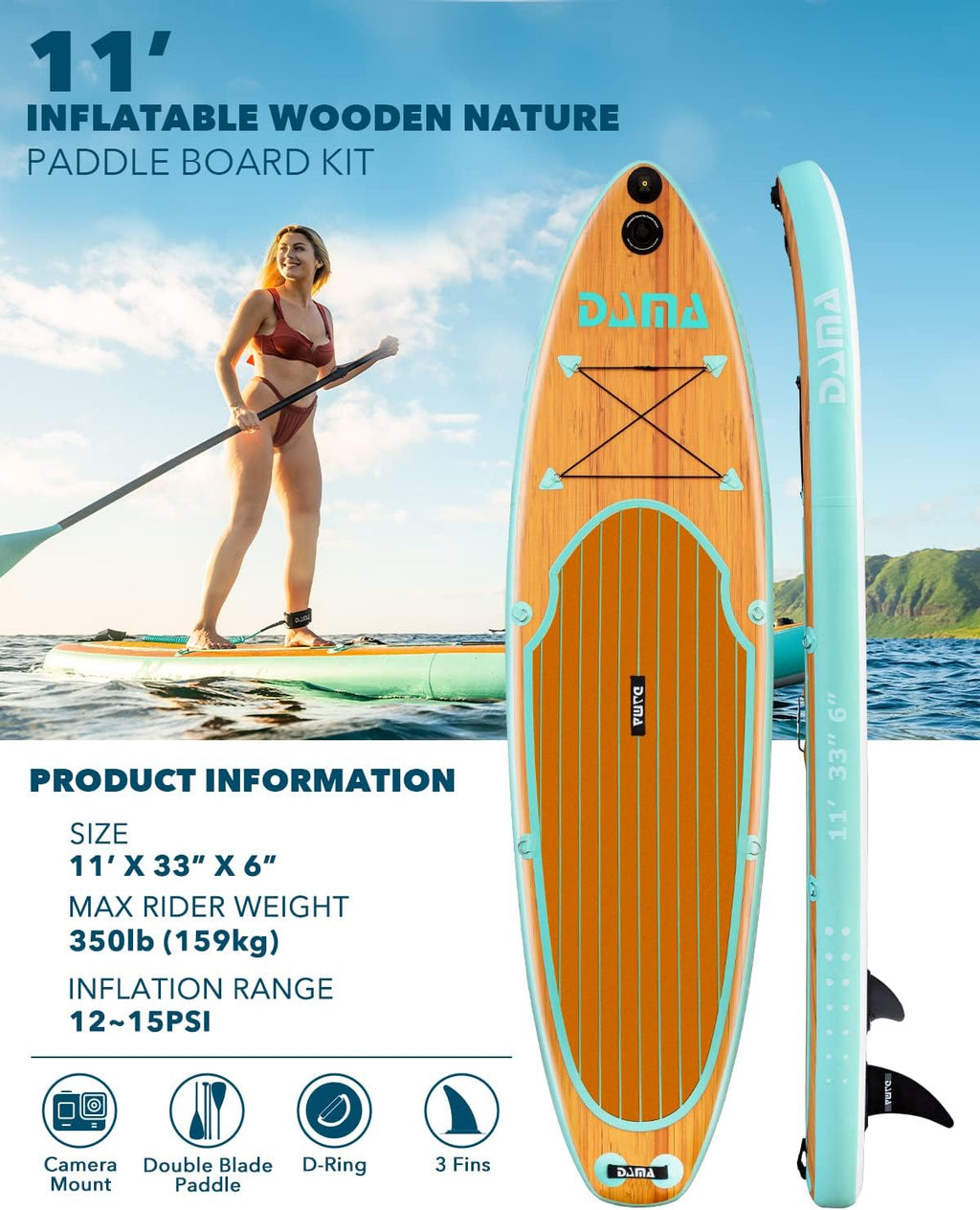 DAMA 9'6'/10'6'/11' Inflatable Stand Up Paddle Board, Yoga Board, Camera Seat, Floating Paddle, Hand Pump, Board Carrier, Waterproof Bag, Drop Stitch, Traveling Board for Surfing
