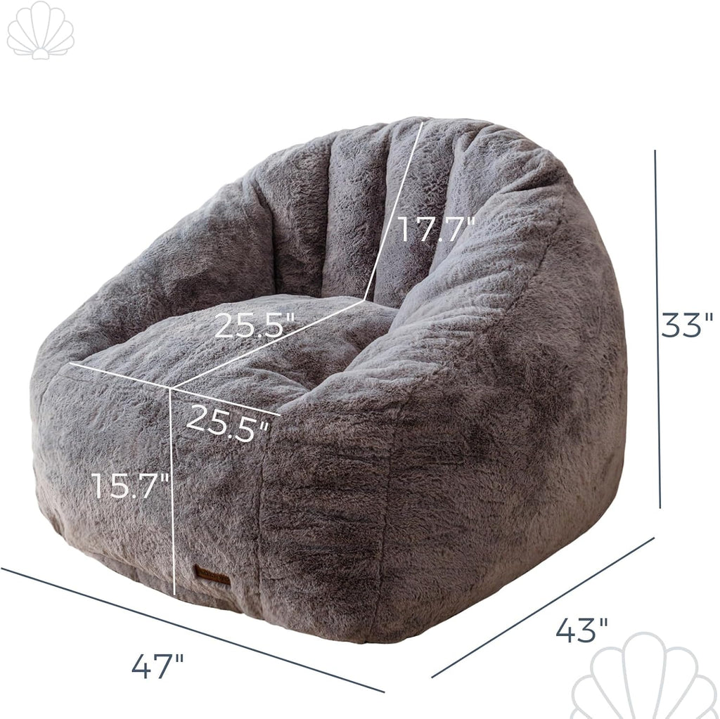MAXYOYO Giant Bean Bag Chair, Oversized Bean Bag Couch for Adults and Kids, Faux Fur Shell-Shaped Large Chair with Filler, Stuffed Big Accent Sofa Lounge Floor Sofa for Reading, Dark Grey, Standard