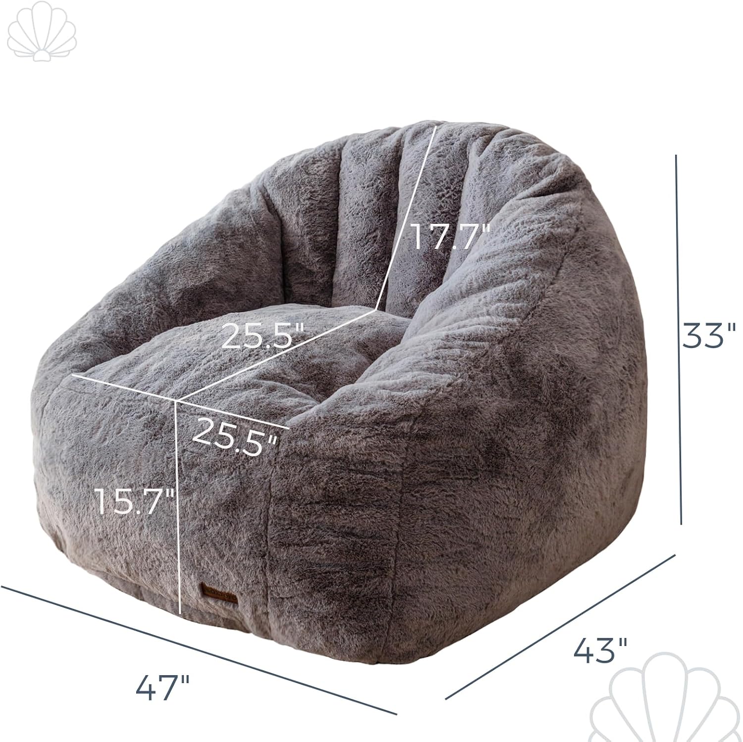MAXYOYO Giant Bean Bag Chair, Oversized Bean Bag Couch for Adults and Kids, Faux Fur Shell-Shaped Large Chair with Filler, Stuffed Big Accent Sofa Lounge Floor Sofa for Reading, Dark Grey, Standard