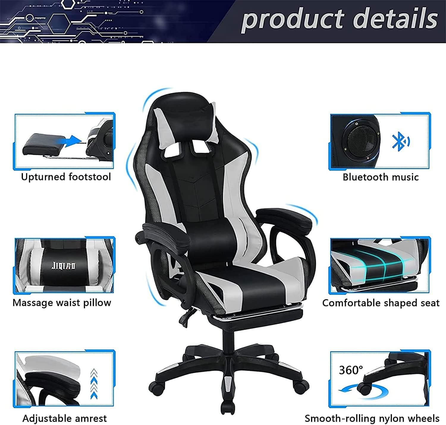 Gaming Chair with Speakers,Led Gaming Chair,Ergonomic Pro Gaming Chair with Full Massage Lumbar Support Bluetooth Speakers Backrest Adjustable/Gaming Chairs for Adults,Black