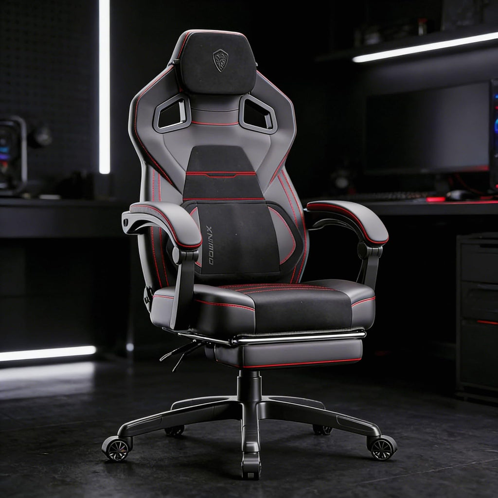 Dowinx PU Leather Gaming Chair with Footrest, 350lb Big and Tall Gamer Chair, Wide Seat Ergonomic Computer Chair with Lumbar Massage Support, Wide Back Office Chair for Heavy People, Deep Black
