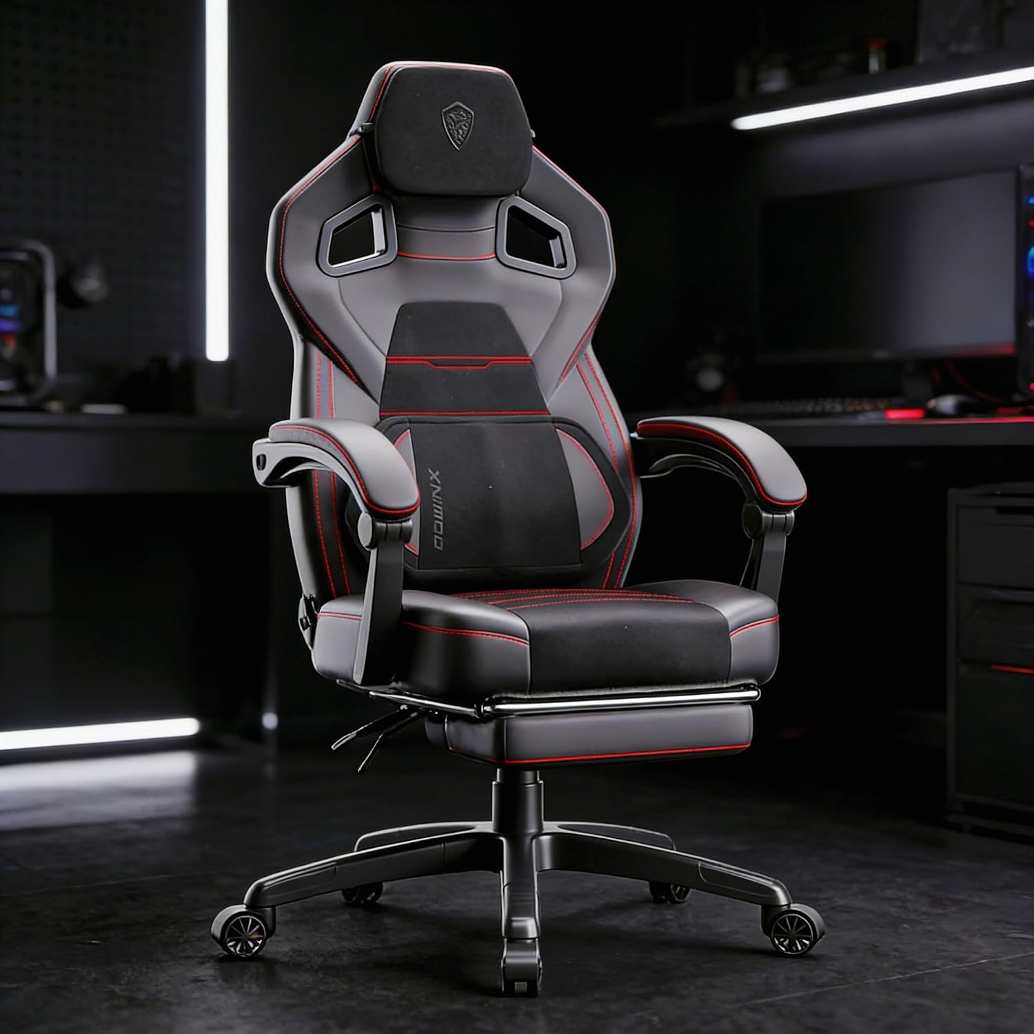 Dowinx PU Leather Gaming Chair with Footrest, 350lb Big and Tall Gamer Chair, Wide Seat Ergonomic Computer Chair with Lumbar Massage Support, Wide Back Office Chair for Heavy People, Deep Black