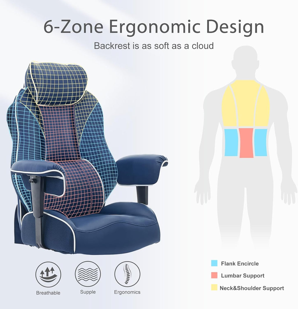 DJ·Wang Big and Tall Office Chair with Foot Rest, High Back Executive Office Chair PU Leather, Ergonomic Chairs with Lumbar Support, 135° Reclining Chairs with Thickened Spring Cushion Blue