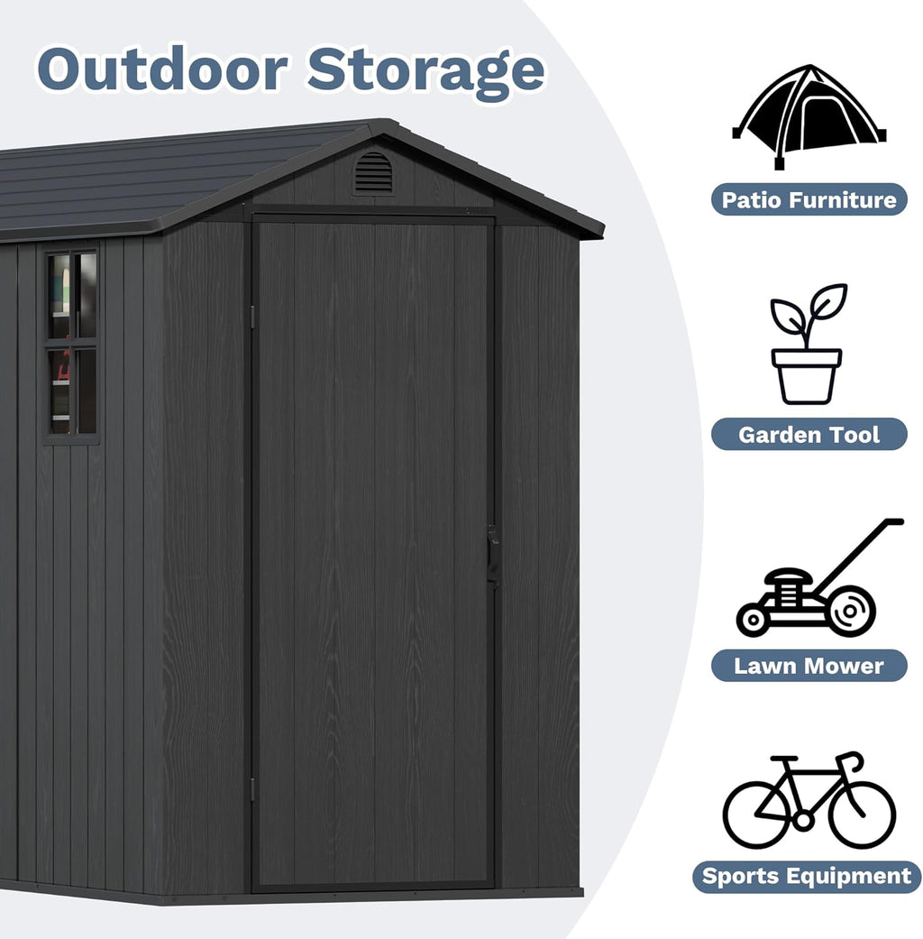 Devoko 4×8 FT Resin Storage Shed with Floor, Garden Plastic Outdoor Shed with Window and Lockable Door, Waterproof Outside Tool shed for Backyard Patio, Dark Grey